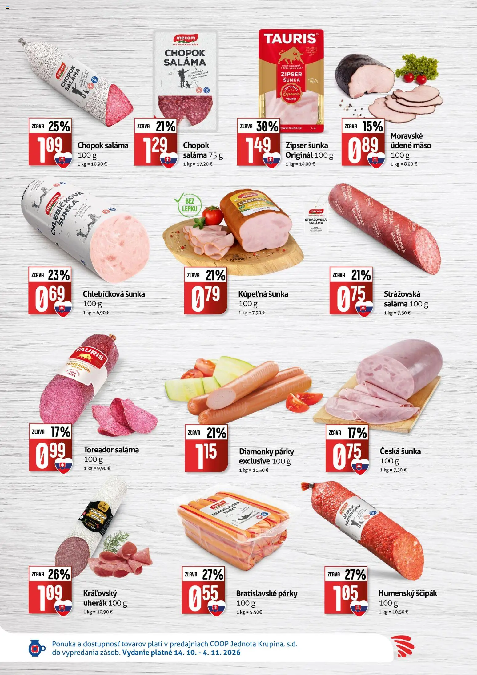 Nové COOP Jednota akcie – leták je platný od 14.10.2026 | Strana: 2 | Produkty: Saláma, Šunka, Mäso, Párky
