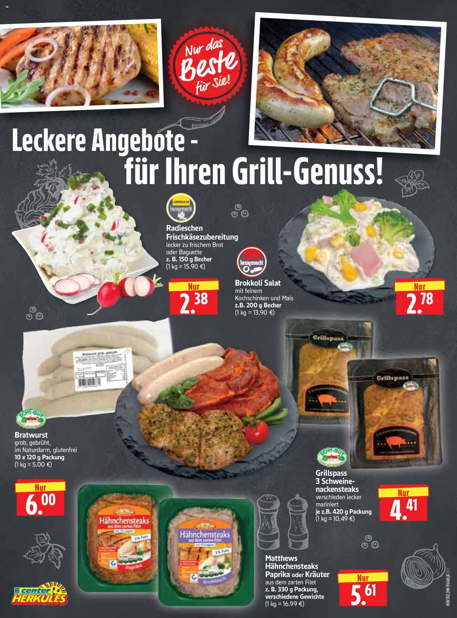 HERKULES Prospekt – gültig ab 03.08.2026 | Seite: 4 | Produkte: Nackensteaks, Grill, Bratwurst, Brokkoli