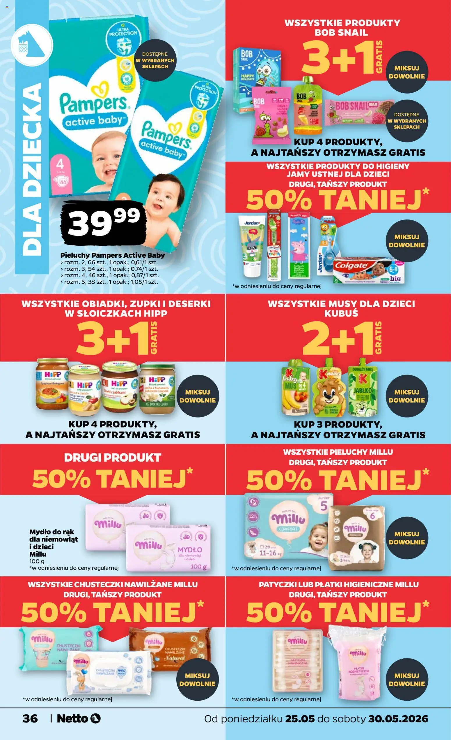 Netto gazetka od poniedziałku spożywcza od 25.05.2026 | Strona: 36 | Produkty: Pieluchy Pampers Active Baby, Pampers, Bób, Płatki
