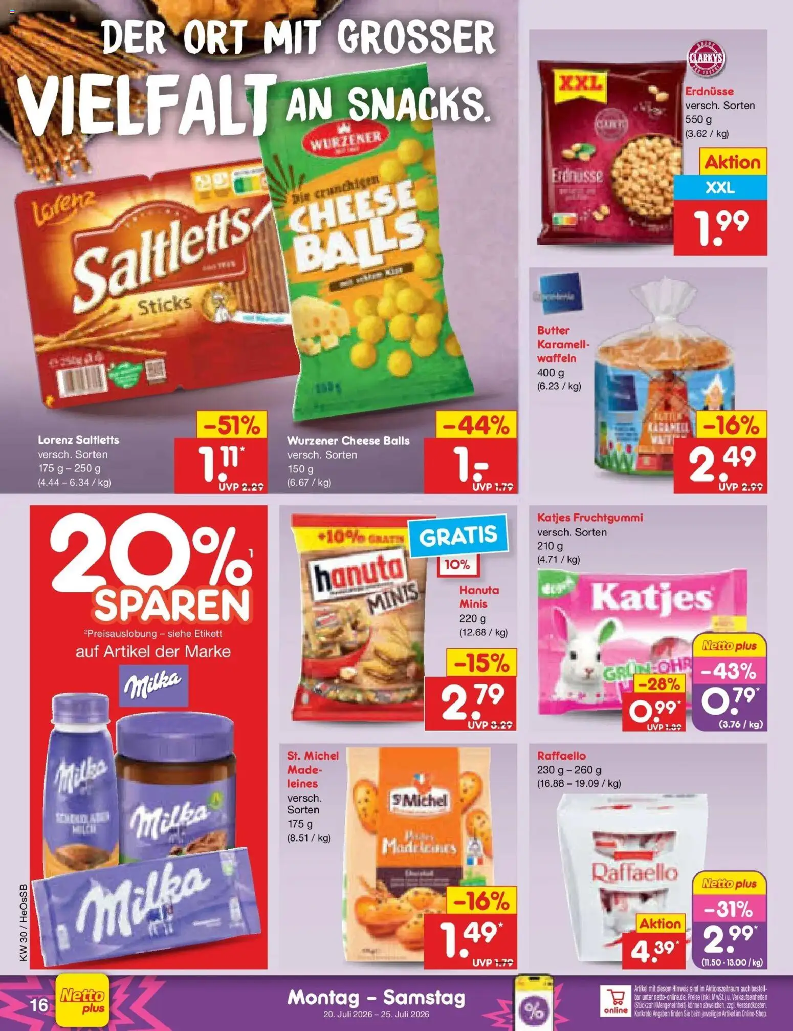 Netto Marken-Discount Prospekt Kröpelin – gültig ab 20.07.2026 | Seite: 26 | Produkte: Erdnüsse, Katjes, Milka, Waffeln