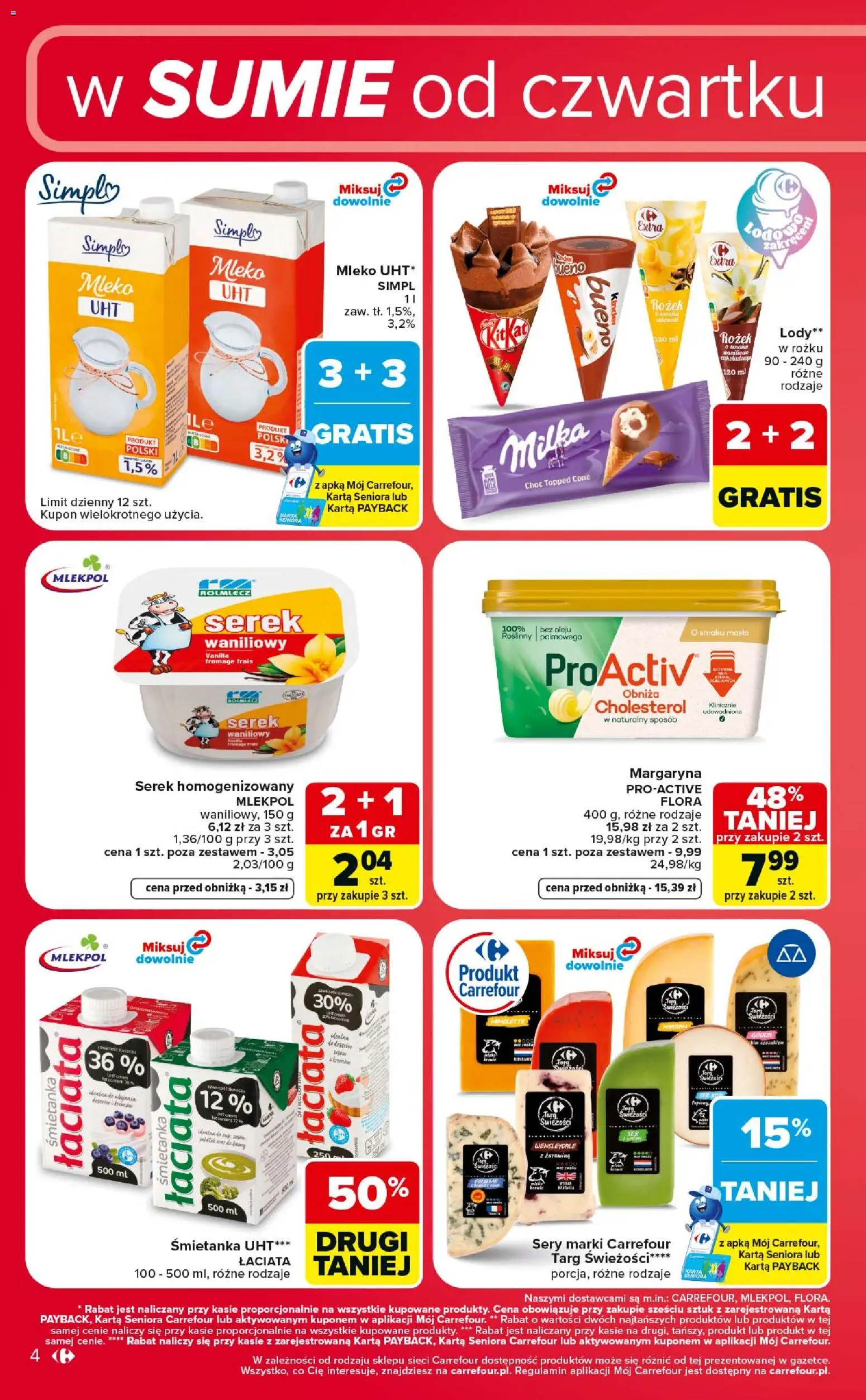 Carrefour gazetka - Weekend okazji od 02.07.2026 | Strona: 4 | Produkty: Karta, Serek homogenizowany, Mleko, Lody