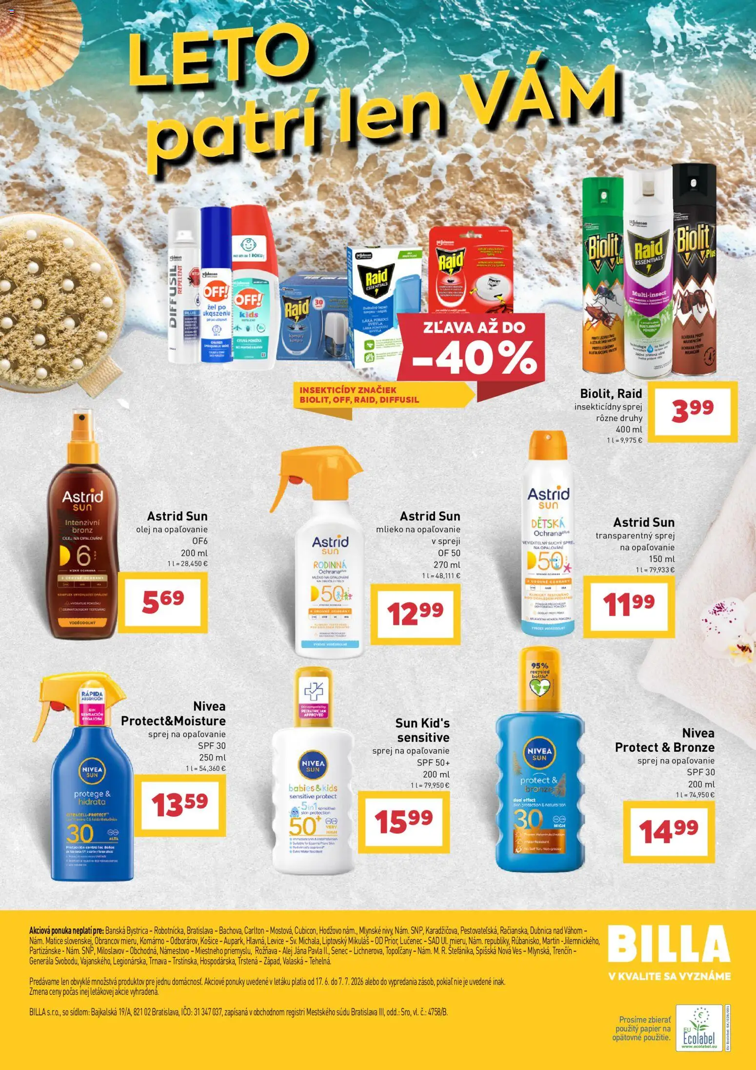 Nové Billa akcie – leták je platný od 17.06.2026 | Strana: 6 | Produkty: Olej, Nivea, Raid, Svetlá