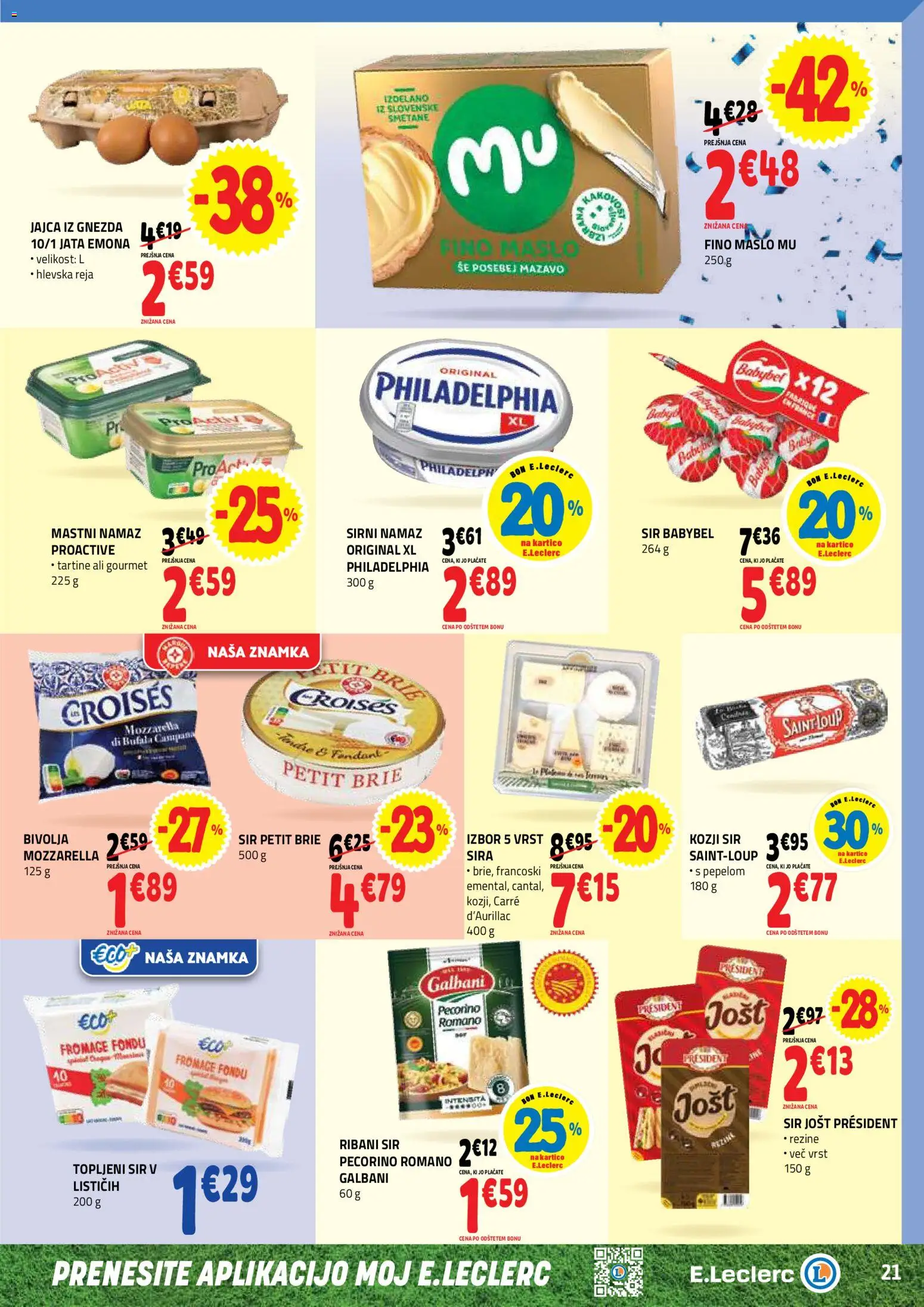 Novi E.leclerc katalog ponudbe – veljaven od 03.06.2026 | Stran: 21 | Izdelki: Topljeni sir, Namaz, Maslo, Jajca