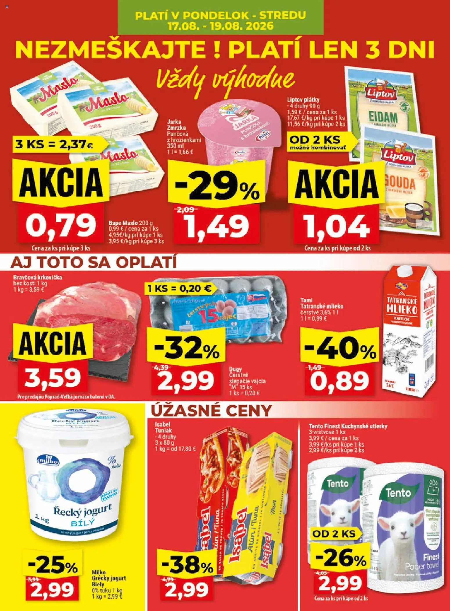 Nové Klas akcie – leták je platný od 17.08.2026 | Strana: 4 | Produkty: Vajcia M, Mlieko, Bravčová krkovička, Utierky