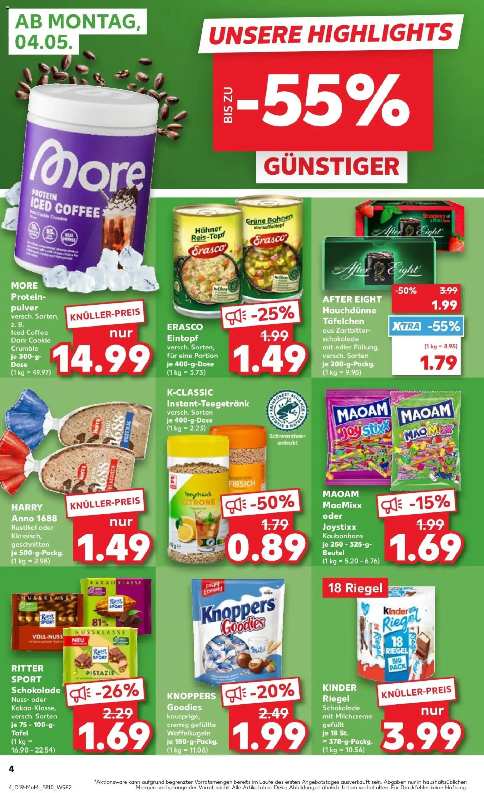 Kaufland Prospekt Grünstadt	 – gültig ab 04.05.2026 | Seite: 4 | Produkte: Kinder schokolade, Ritter sport, Knoppers, Erasco