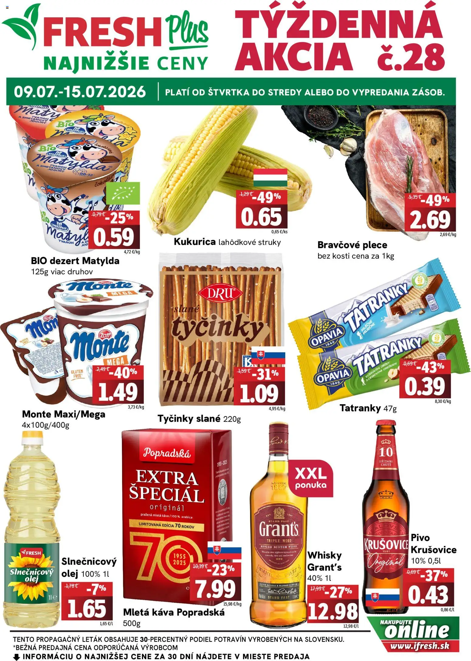 Nové Fresh akcie – leták je platný od 09.07.2026 | Strana: 1 | Produkty: Pivo, Bravčové plece, Čokoláda, Slnečnicový olej