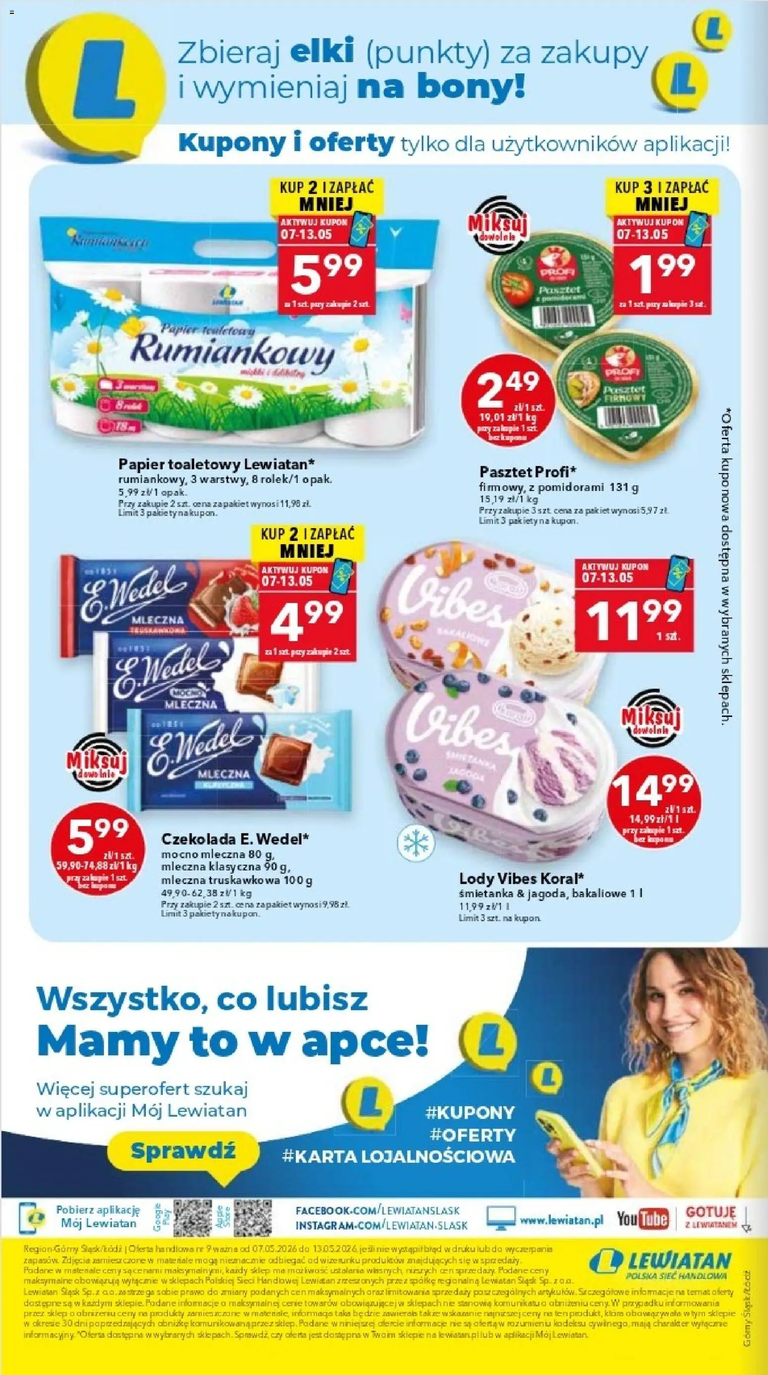 Lewiatan gazetka - Katowice od 07.05.2026 | Strona: 8 | Produkty: Papier toaletowy, Czekolada, Lody