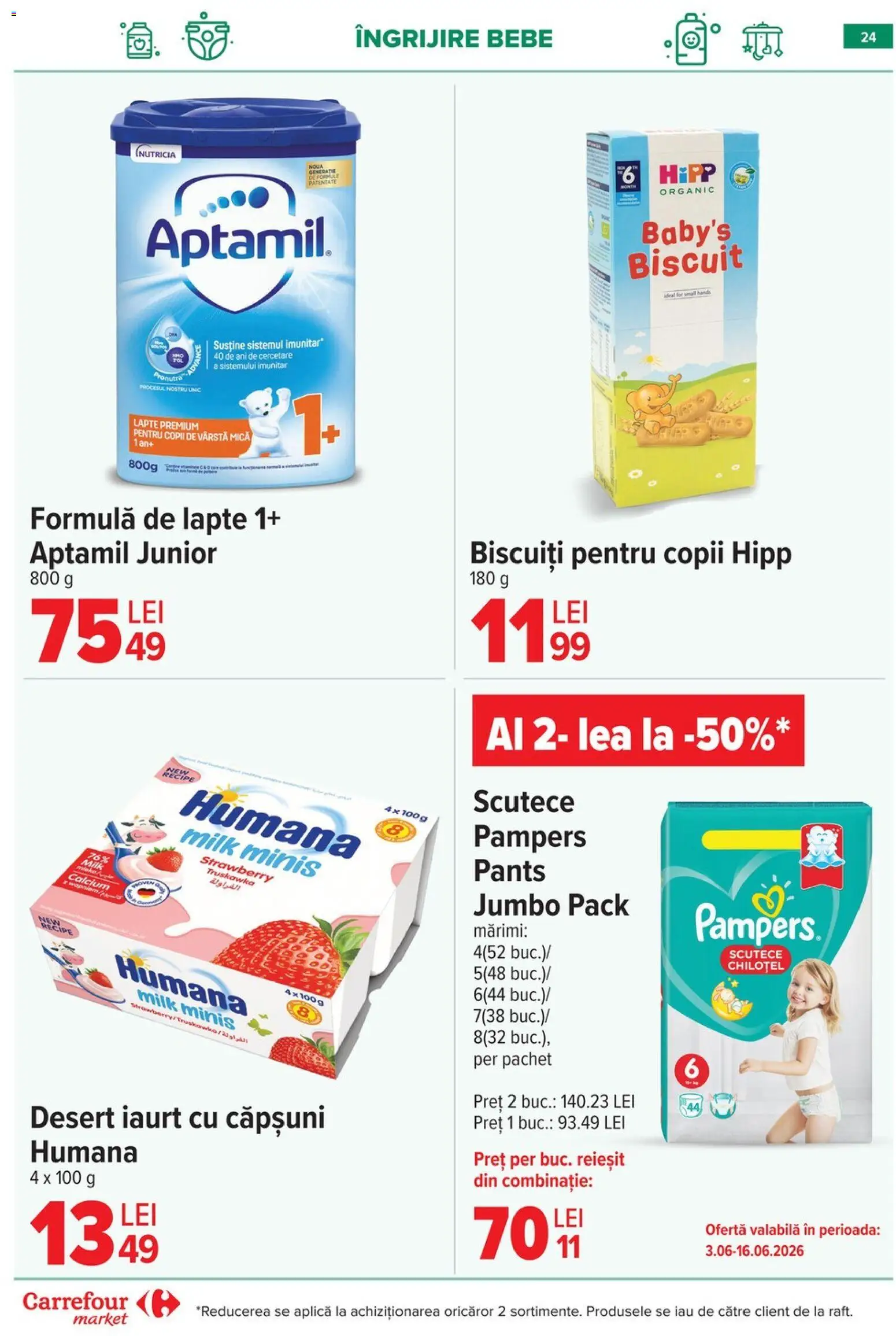 Noul catalog Carrefour – valabil de la 03.06.2026 | Pagină: 24 | Produse: Iaurt, Căpșuni, Biscuiți, Scutece