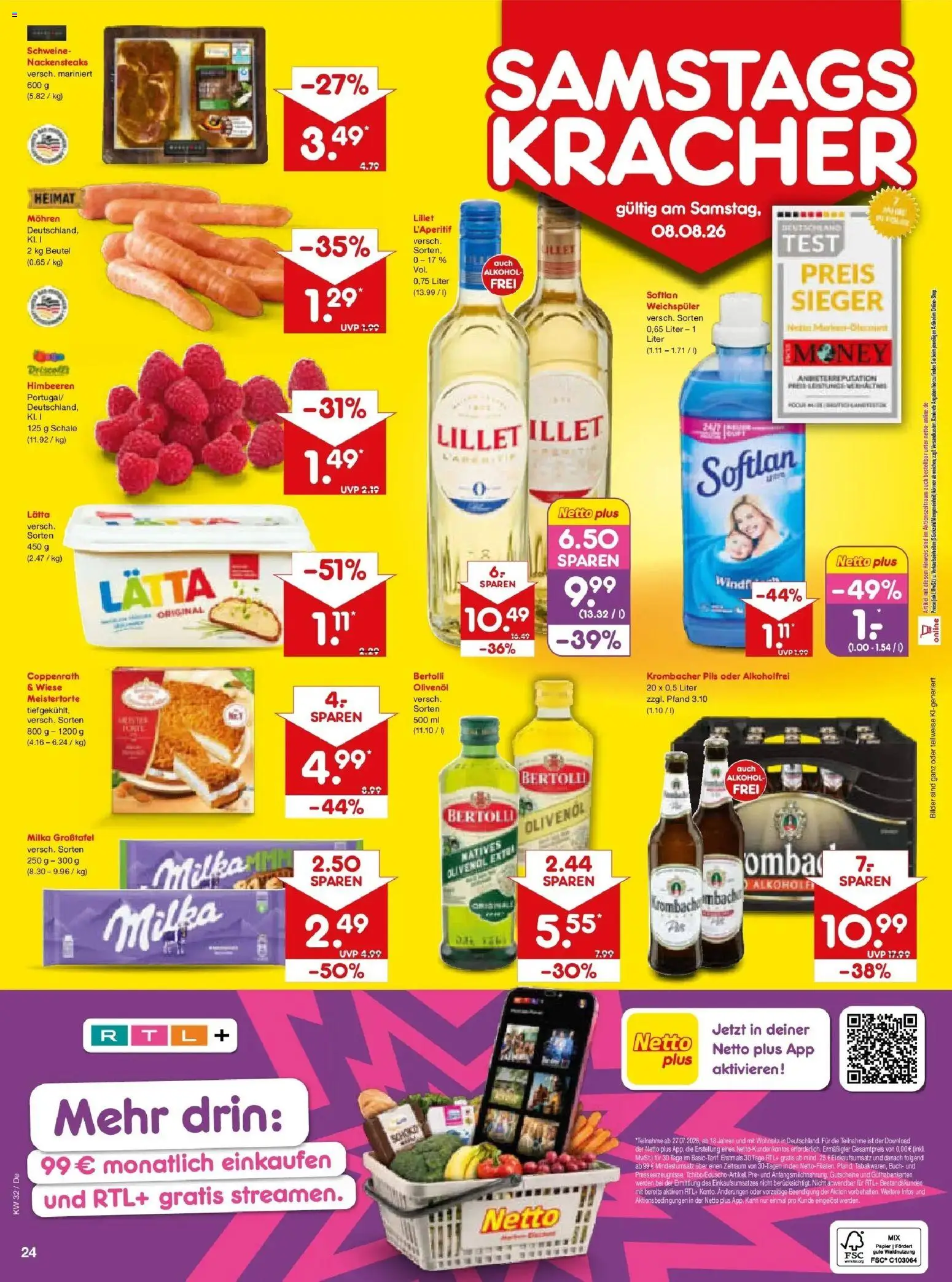 Netto Marken-Discount Prospekt Buttenwiesen – gültig ab 03.08.2026 | Seite: 42 | Produkte: Nackensteaks, Olivenol, Bertolli olivenol, Lätta