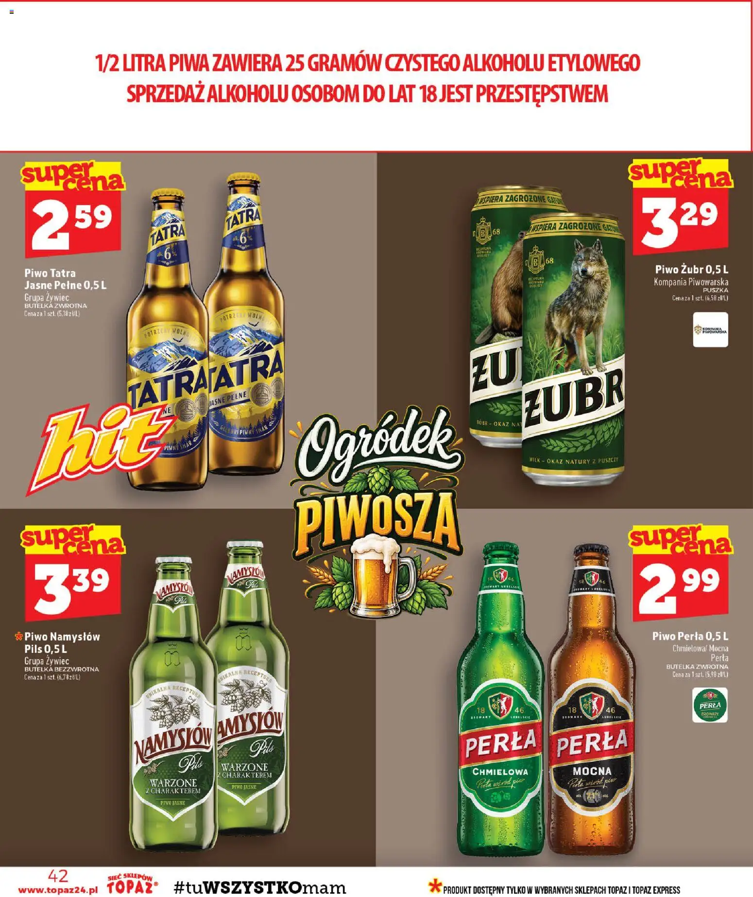 Topaz gazetka - Ceny małe na stałe od 24.09.2026 | Strona: 42 | Produkty: Piwo żubr, Piwo perła, Piwo, Namysłów piwo