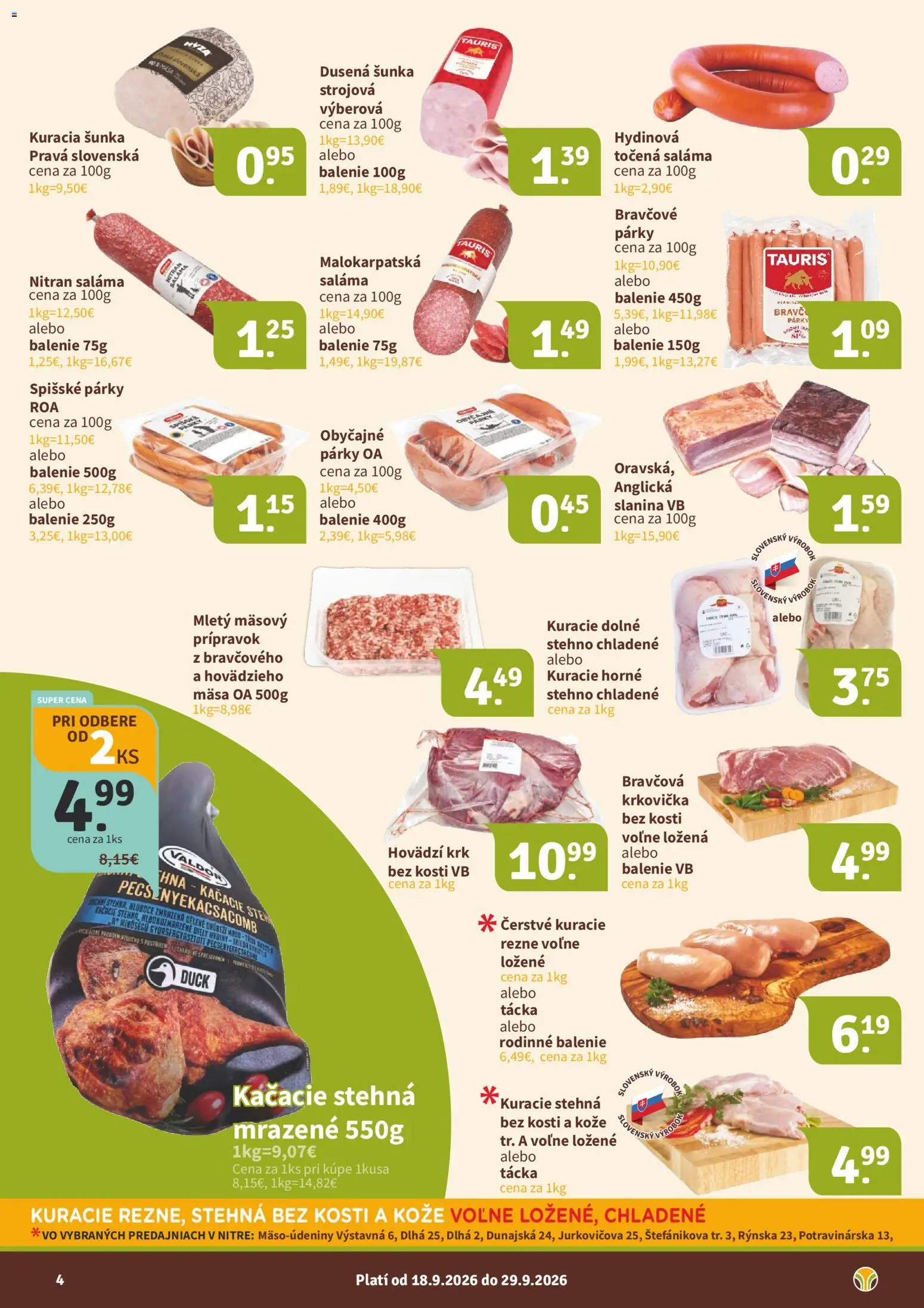Nové Nitrazdroj akcie – leták je platný od 18.09.2026 | Strana: 4 | Produkty: Kačacie stehná, Mäso, Stehná, Rezne