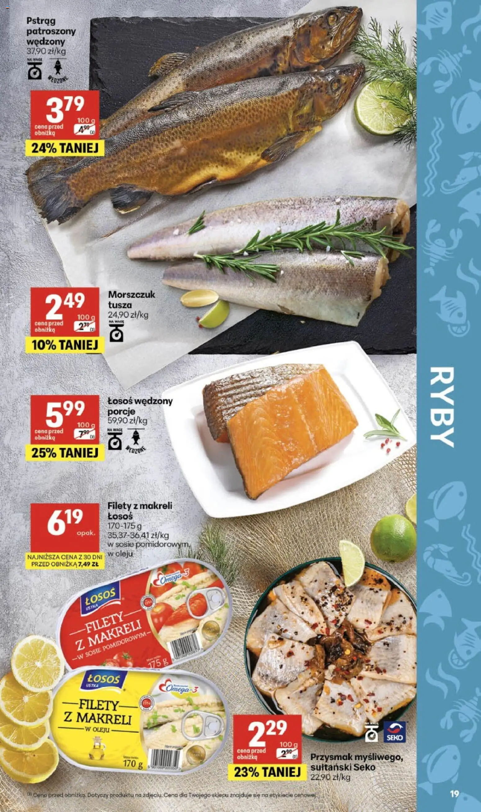 Delikatesy Centrum gazetka od 10.09.2026 | Strona: 19 | Produkty: Łosoś wędzony, Łosoś, Morszczuk, Filety z makreli w sosie pomidorowym
