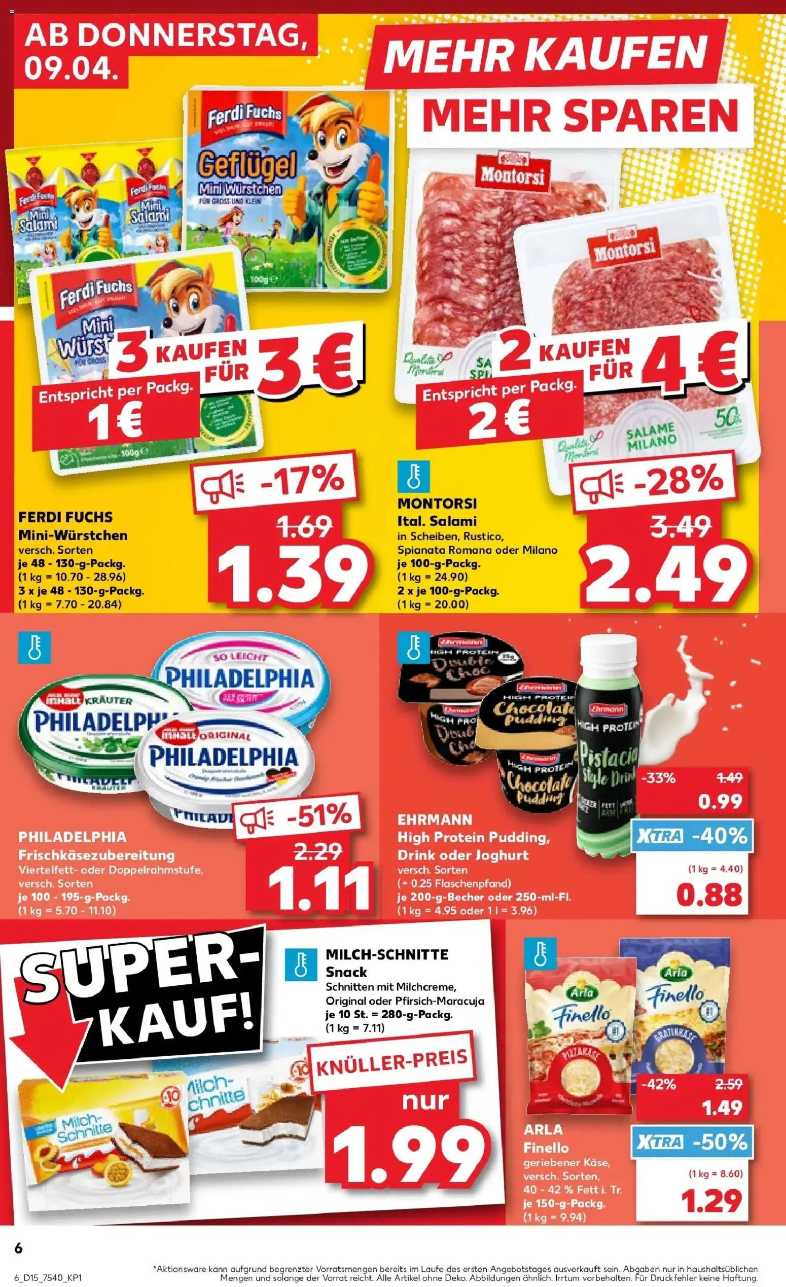 Kaufland Prospekt Oschersleben (Bode)	 – gültig ab 08.04.2026 | Seite: 6 | Produkte: Milch, Philadelphia, Wurst, Salami