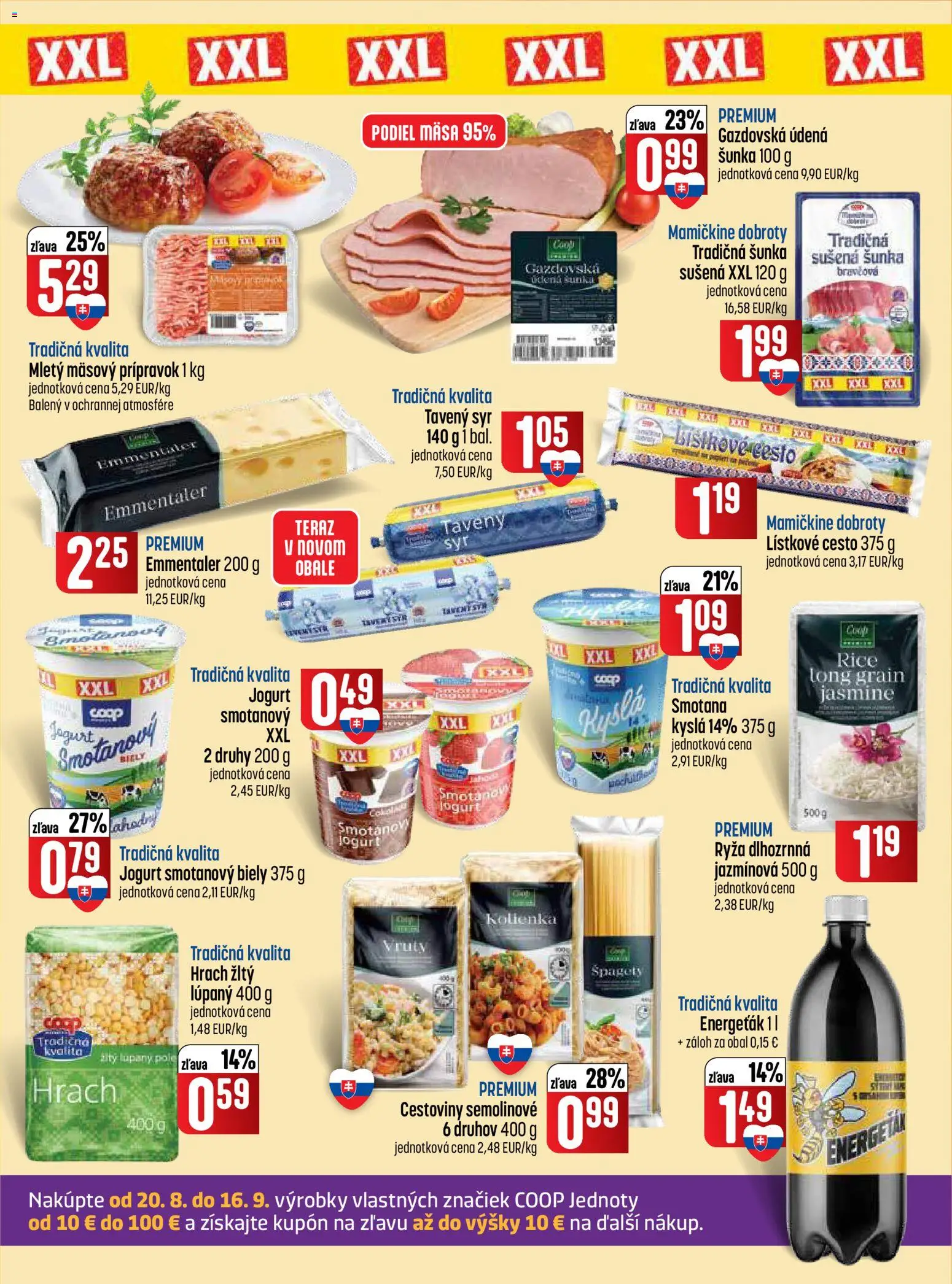 Nové COOP Jednota akcie – leták je platný od 03.09.2026 | Strana: 2 | Produkty: Šunka, Tavený syr, Lístkové cesto, Špagety