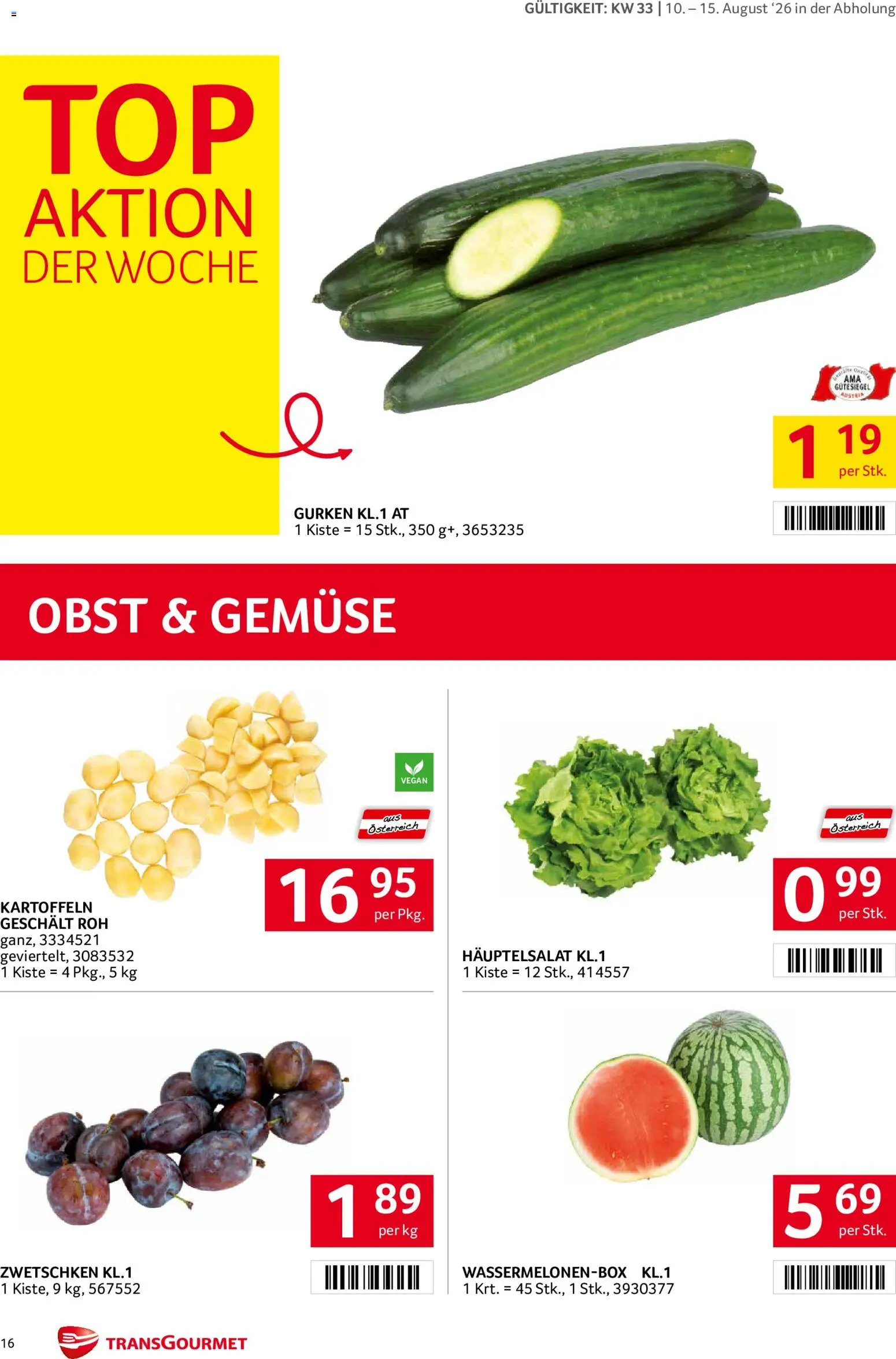 Transgourmet Flugblatt gültig ab 10.08.2026 | Seite: 16 | Produkte: Gurken, Kartoffeln, Gemüse, Obst