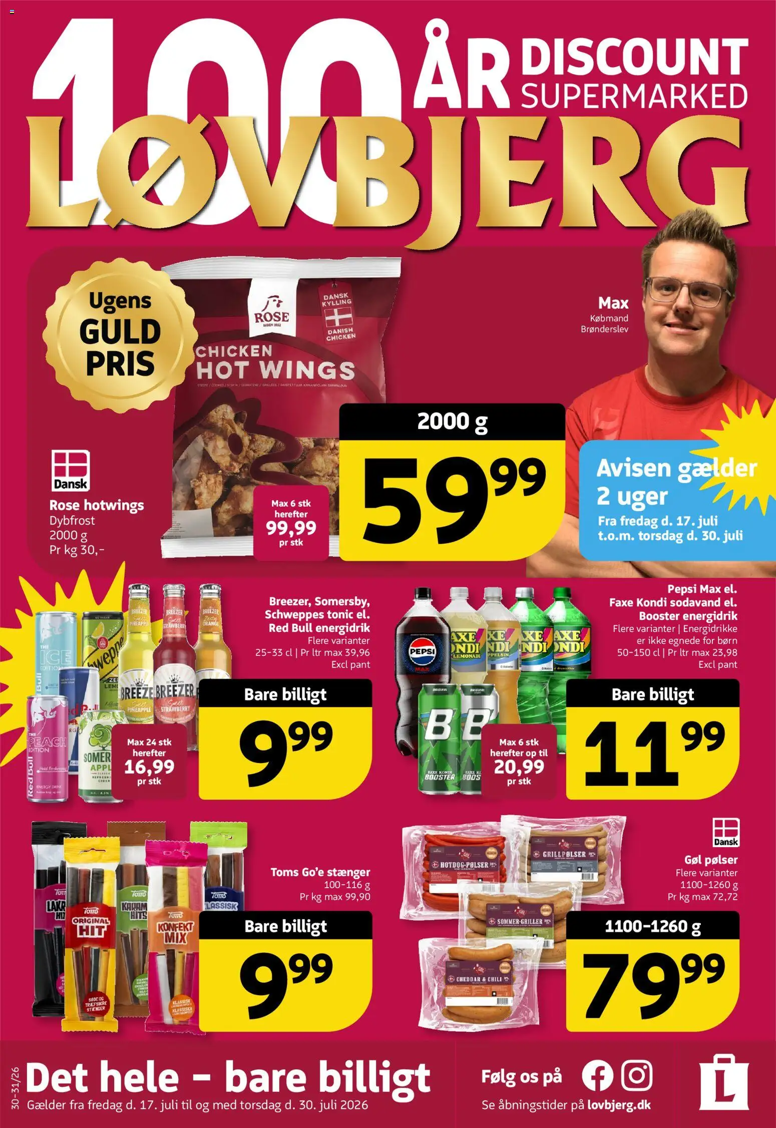 Løvbjerg tilbudsavis – gyldig fra 17/07/2026 | Side: 1 | Produkter: Energidrikke, Faxe Kondi, Grillpølser, Pepsi