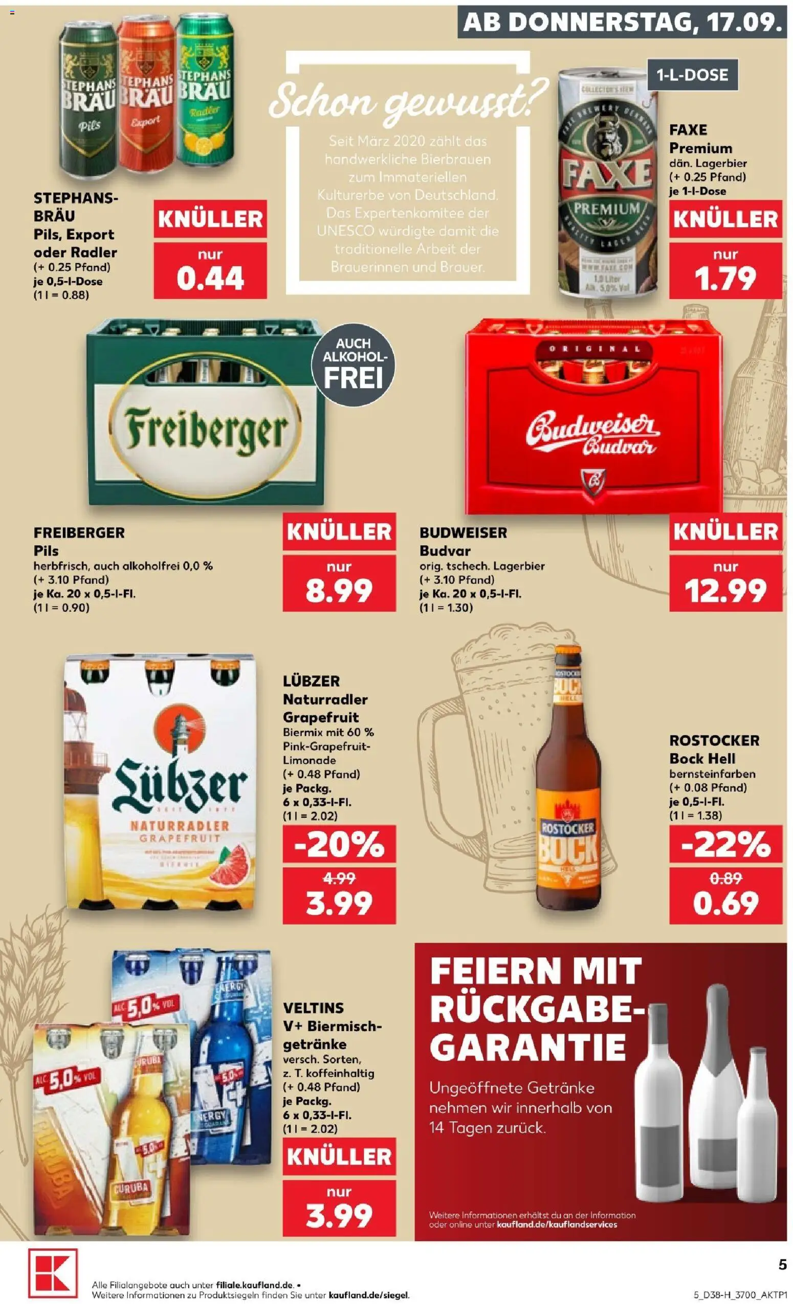 Kaufland Prospekt Rostock – gültig ab 17.09.2026 | Seite: 5 | Produkte: Pils, Radler, Budweiser, Lubzer