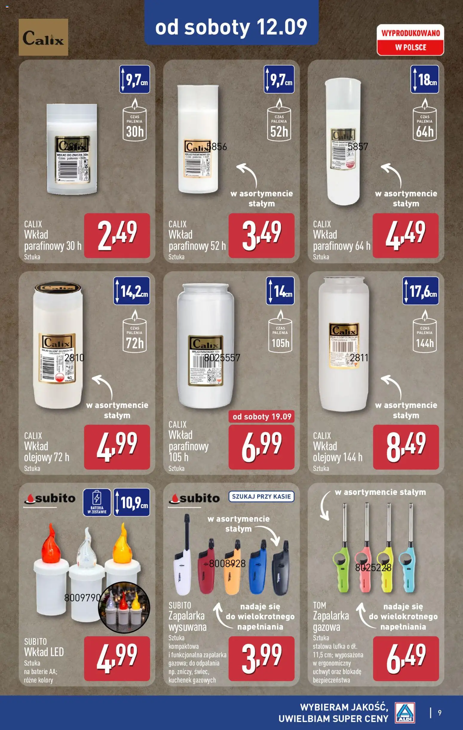 Aldi Polsko leták - Znicze i stroiki od 12.09.2026 | Strana: 9 | Produkty: Baterie, W5, LED