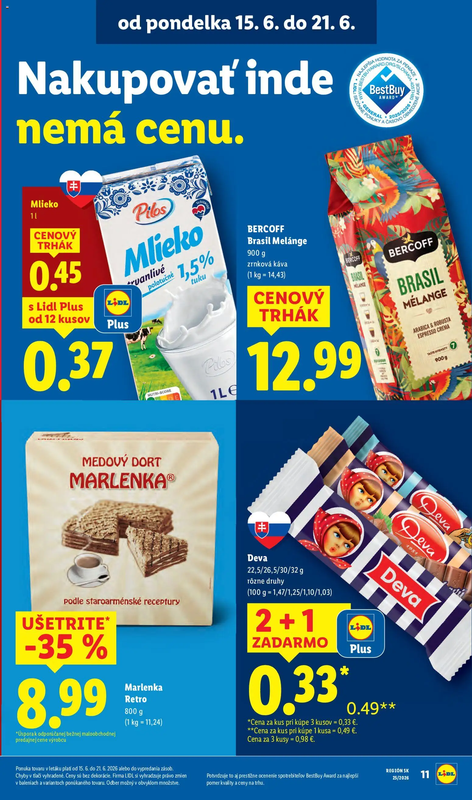 Nové Lidl akcie – leták je platný od 15.06.2026 | Strana: 15 | Produkty: Mlieko, Káva, Marlenka, Zrnková káva