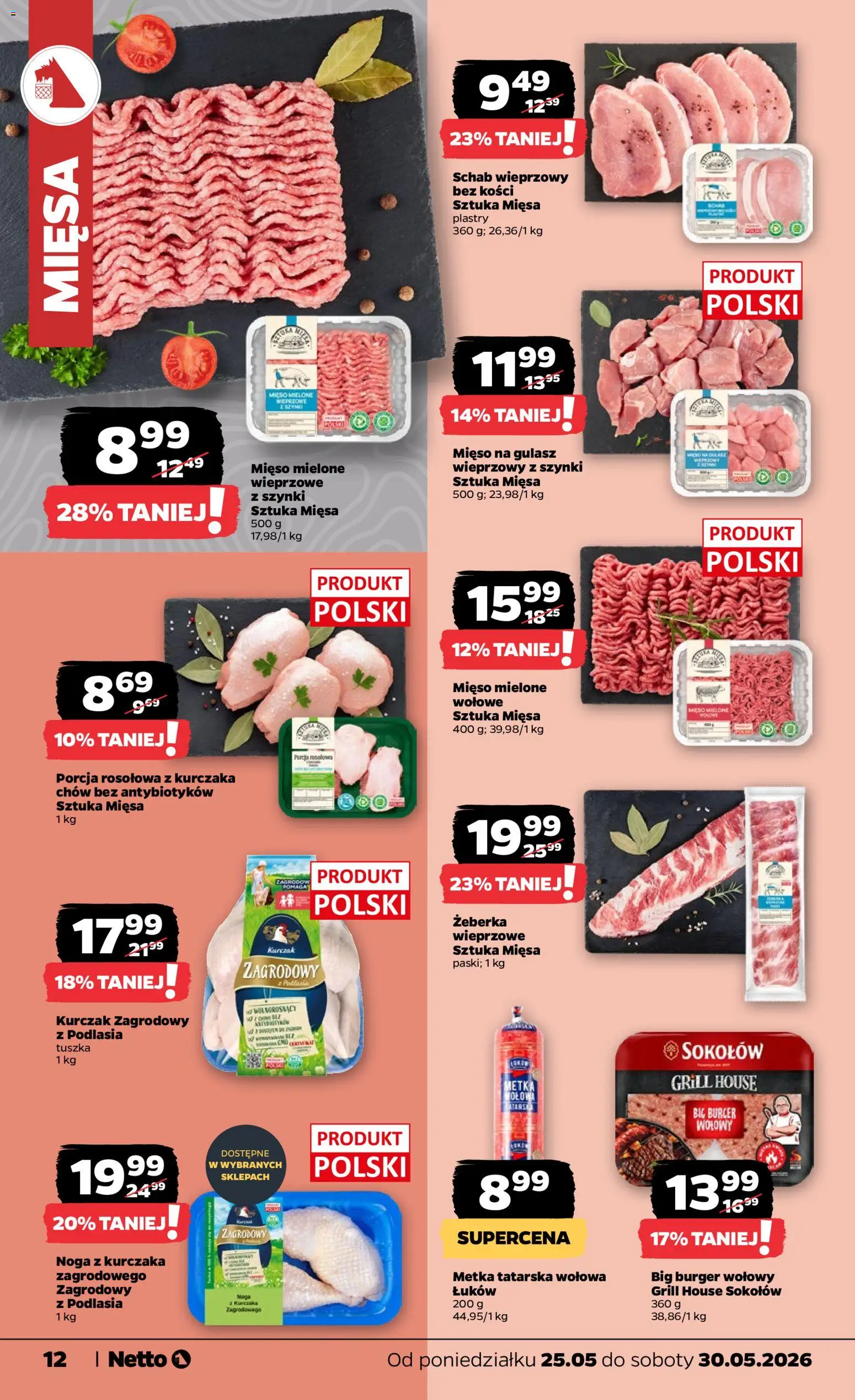 Netto gazetka od poniedziałku spożywcza od 25.05.2026 | Strona: 12 | Produkty: Mięso, Schab wieprzowy bez kości, Kurczak zagrodowy, Mięso na gulasz