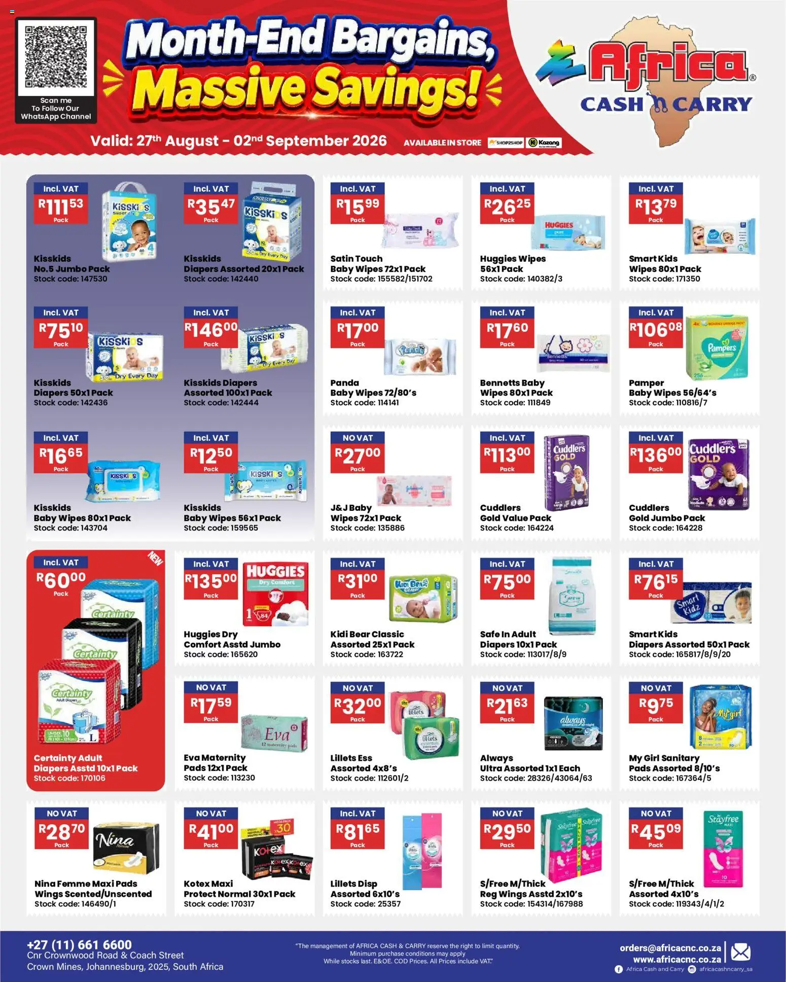 New Africa Cash & Carry catalogue – valid from 27/08/2026 | Page: 13 | Products: Diapers, Baby diapers, Pads, Stock
