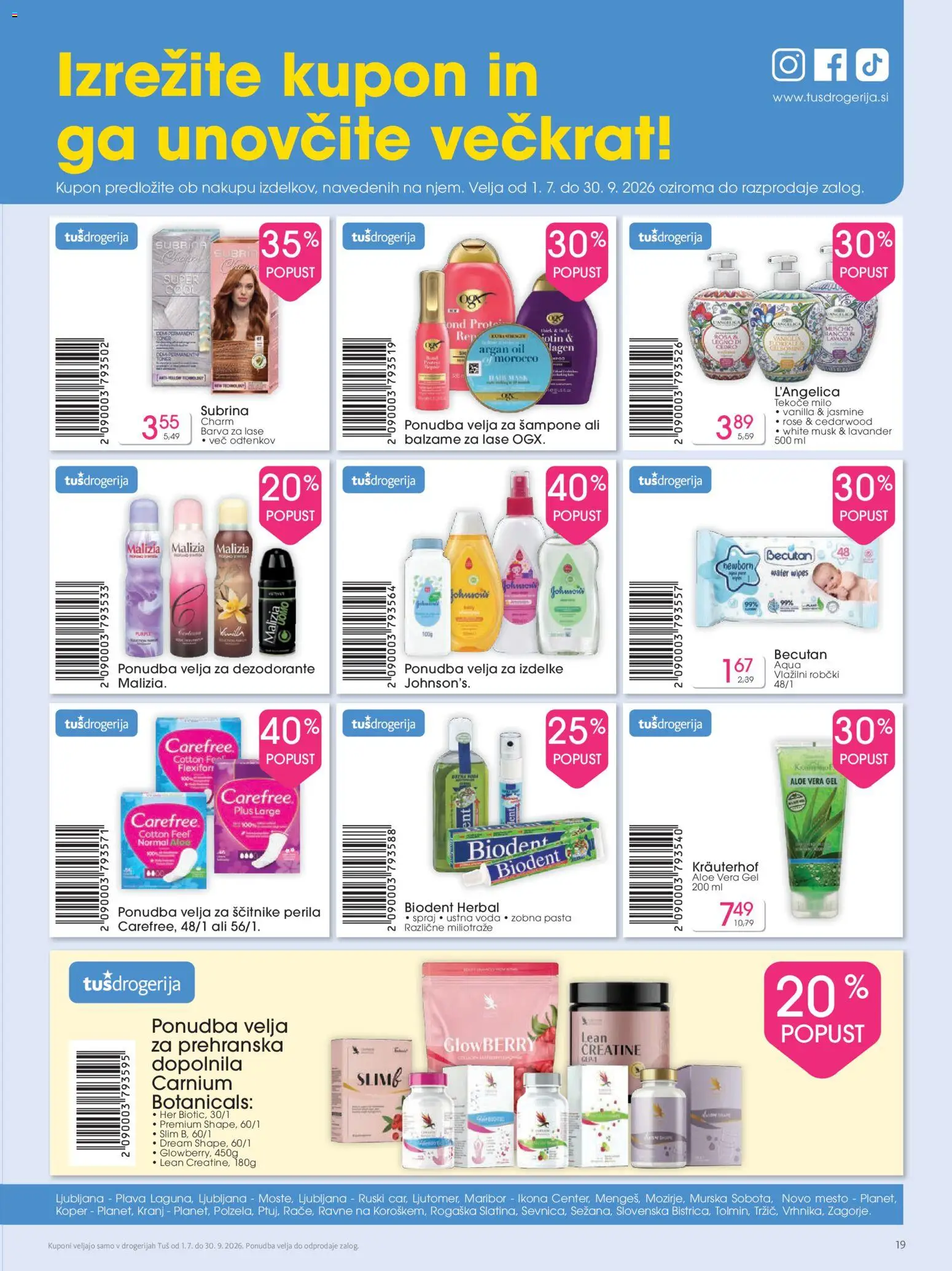 Novi Tuš katalog ponudbe – veljaven od 03.07.2026 | Stran: 19 | Izdelki: Robčki, Milo, Barva, Vlažilni robčki