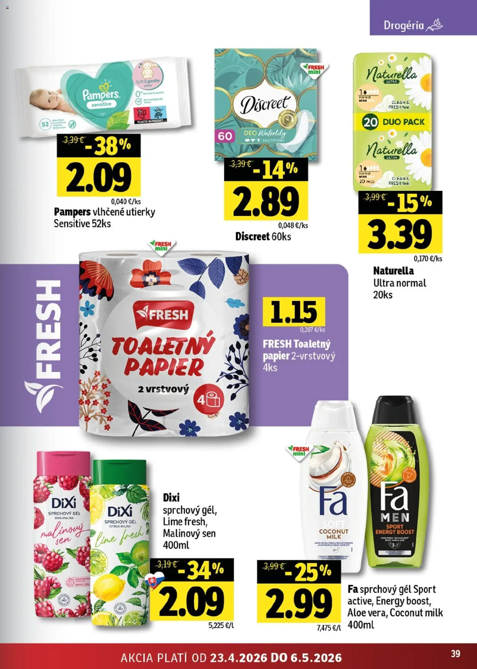 Nové Fresh akcie – leták je platný od 23.04.2026 | Strana: 39 | Produkty: Toaletný papier, Sprchový gél, Pampers