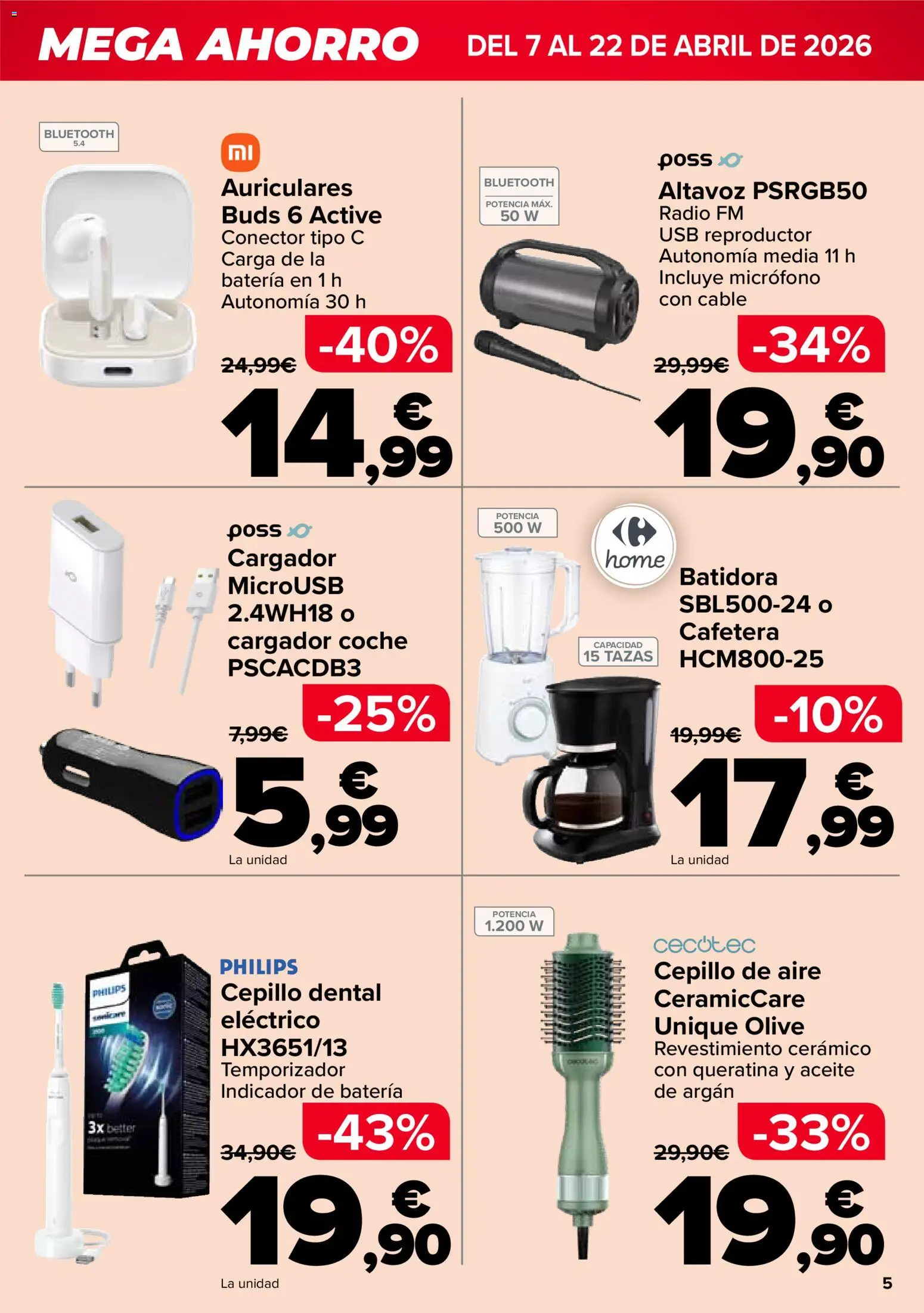 Carrefour Mega Ahorro │ válido desde el 07.04.2026 | Página: 5 | Productos: Aceite, Altavoz, USB, Batidora
