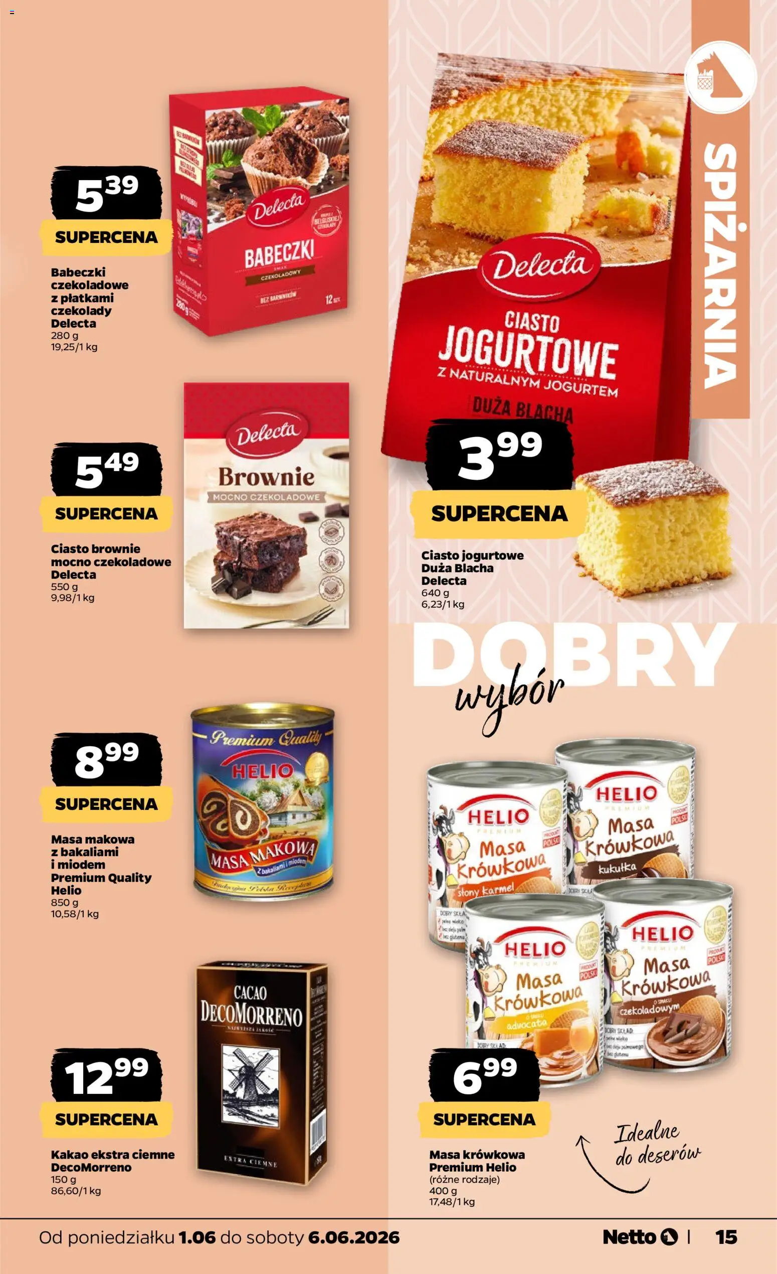 Netto gazetka od poniedziałku spożywcza od 01.06.2026 | Strona: 15 | Produkty: Ciasto brownie, Kakao, Masa makowa, Ciasto