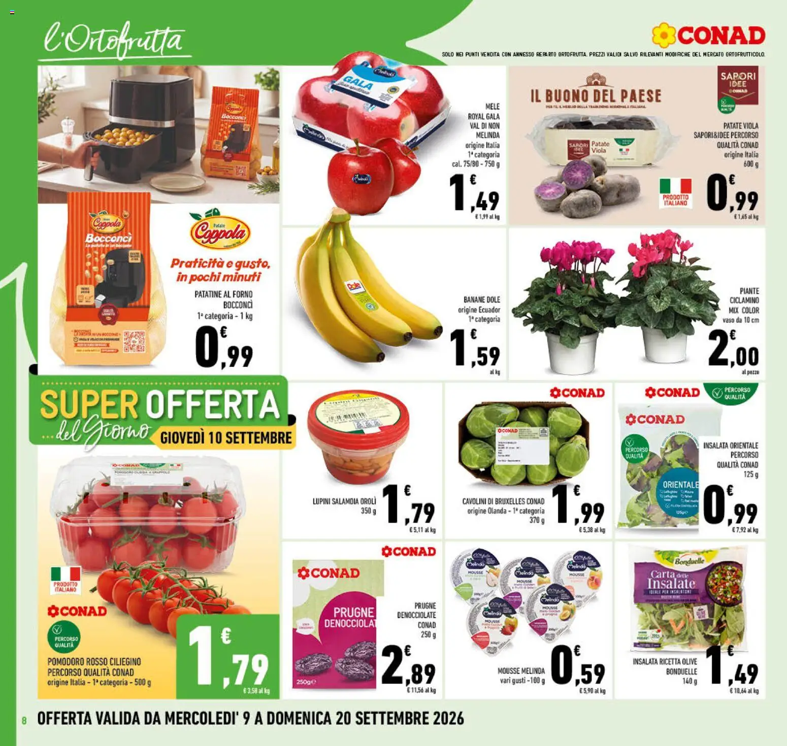 Volantino Conad del 09/09/2026 | Pagina: 8 | Prodotti: Lupini, Banane, Prugne, Forno