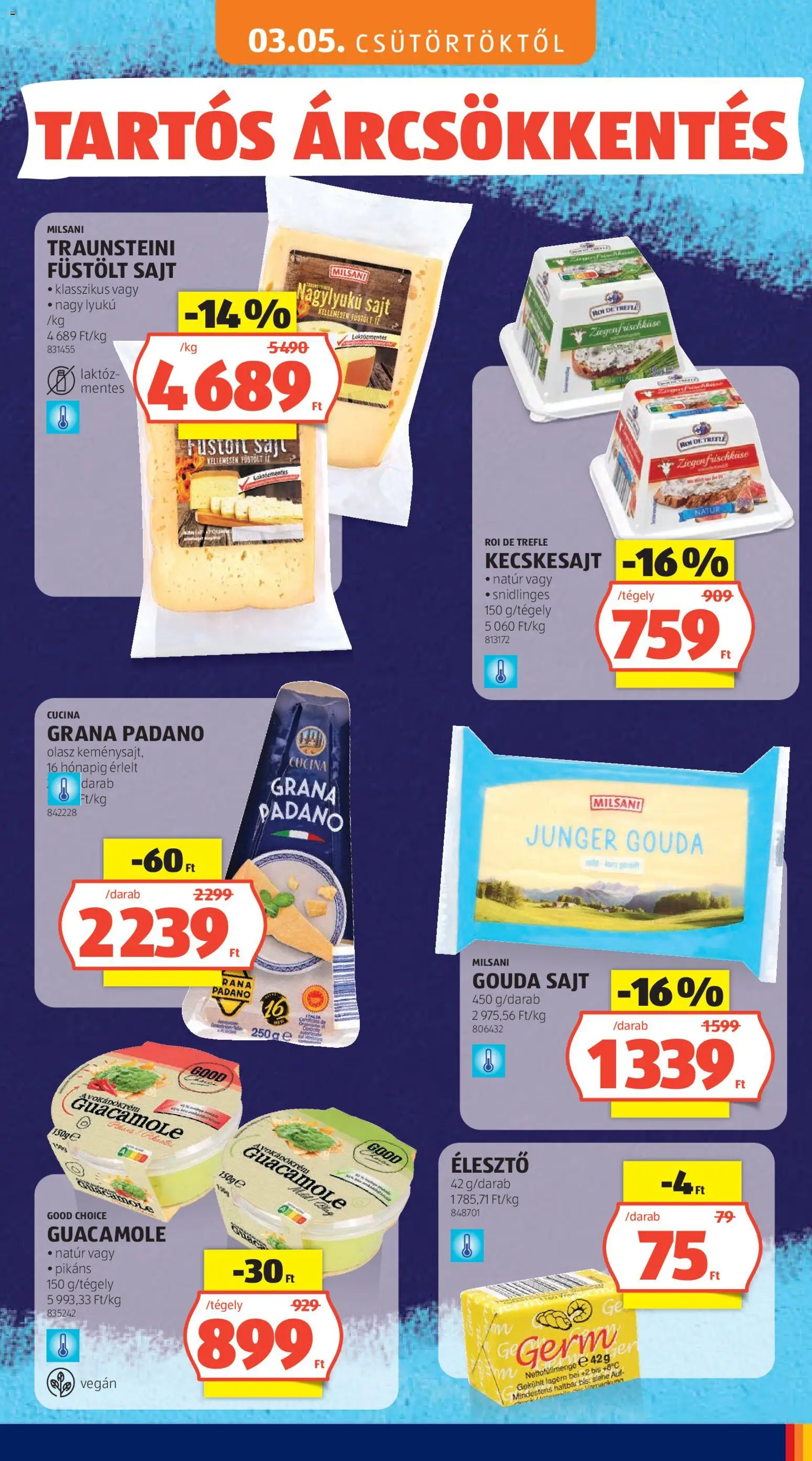 Aldi akciós ujság - amely érvényes a következő dátumtól: 03.05.2026 | Oldal: 9 | Termékek: Guacamole, Füstölt sajt, Grana padano, Élesztő