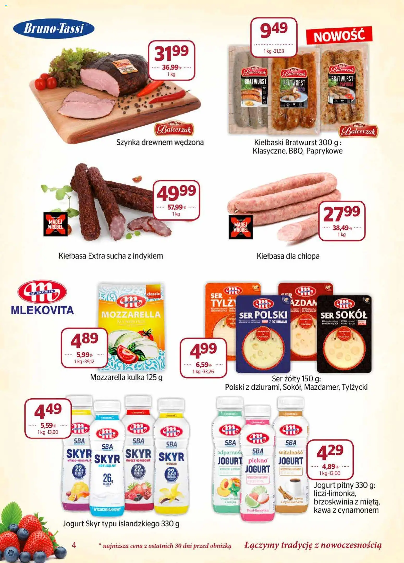 Społem gazetka od 01.06.2026 | Strona: 4 | Produkty: Kiełbasa, Ser żółty, Jogurt, Owoce