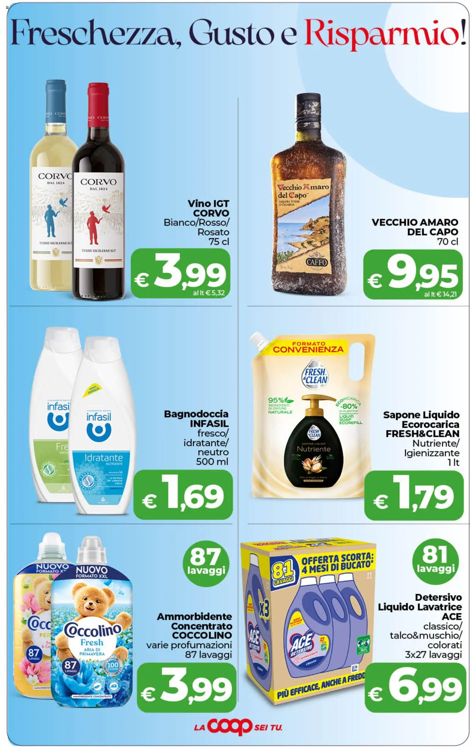 Volantino COOP del 11/08/2026 | Pagina: 4 | Prodotti: Ammorbidente, Vino, Lavatrice, Amaro
