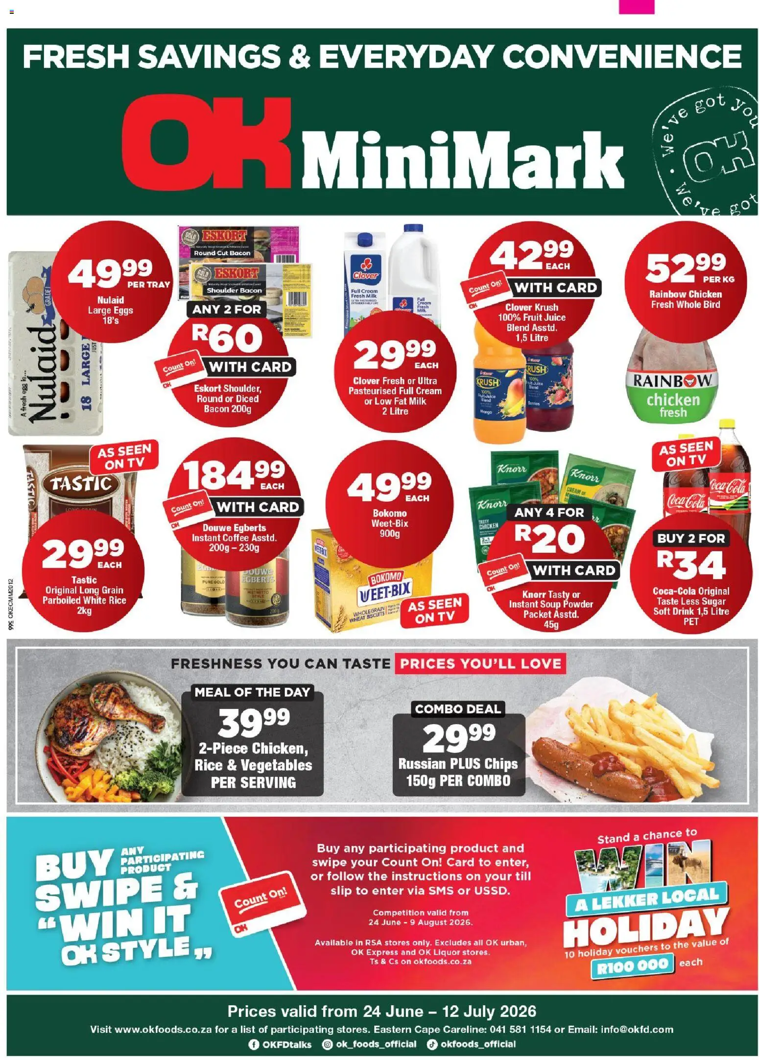 New OK Foods catalogue – valid from 24/06/2026 | Page: 1 | Products: Tray, Biscuits, Juice, Cream