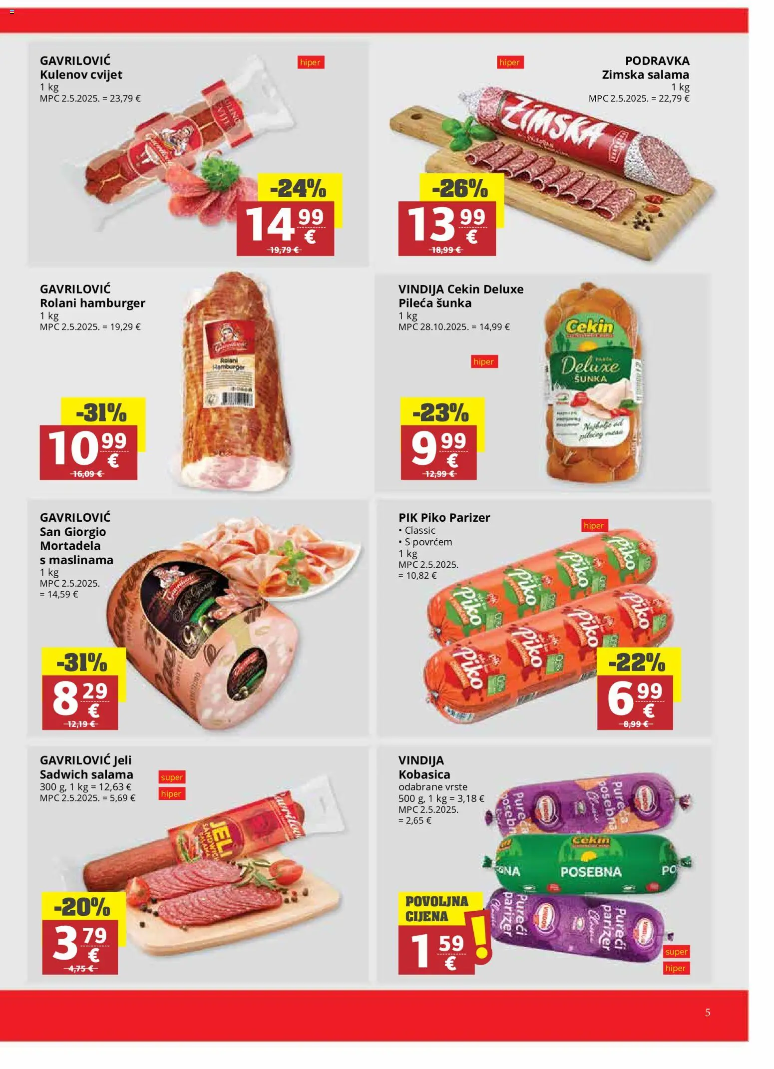 Ribola katalog | vrijedi od 27.05.2026 | Stranica: 5 | Proizvodi: Vindija, Mortadela, Kobasica, Parizer