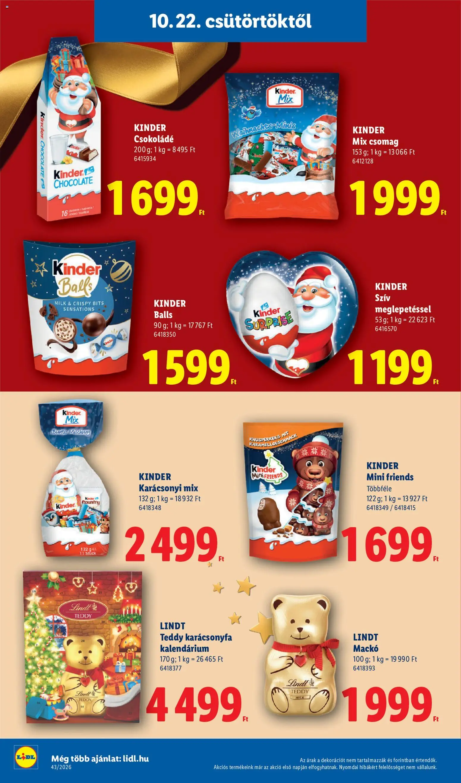 Lidl akciós ujság - amely érvényes a következő dátumtól: 2026.10.22. | Oldal: 14 | Termékek: Lindt, Karácsonyfa, Csokoládé, Kinder