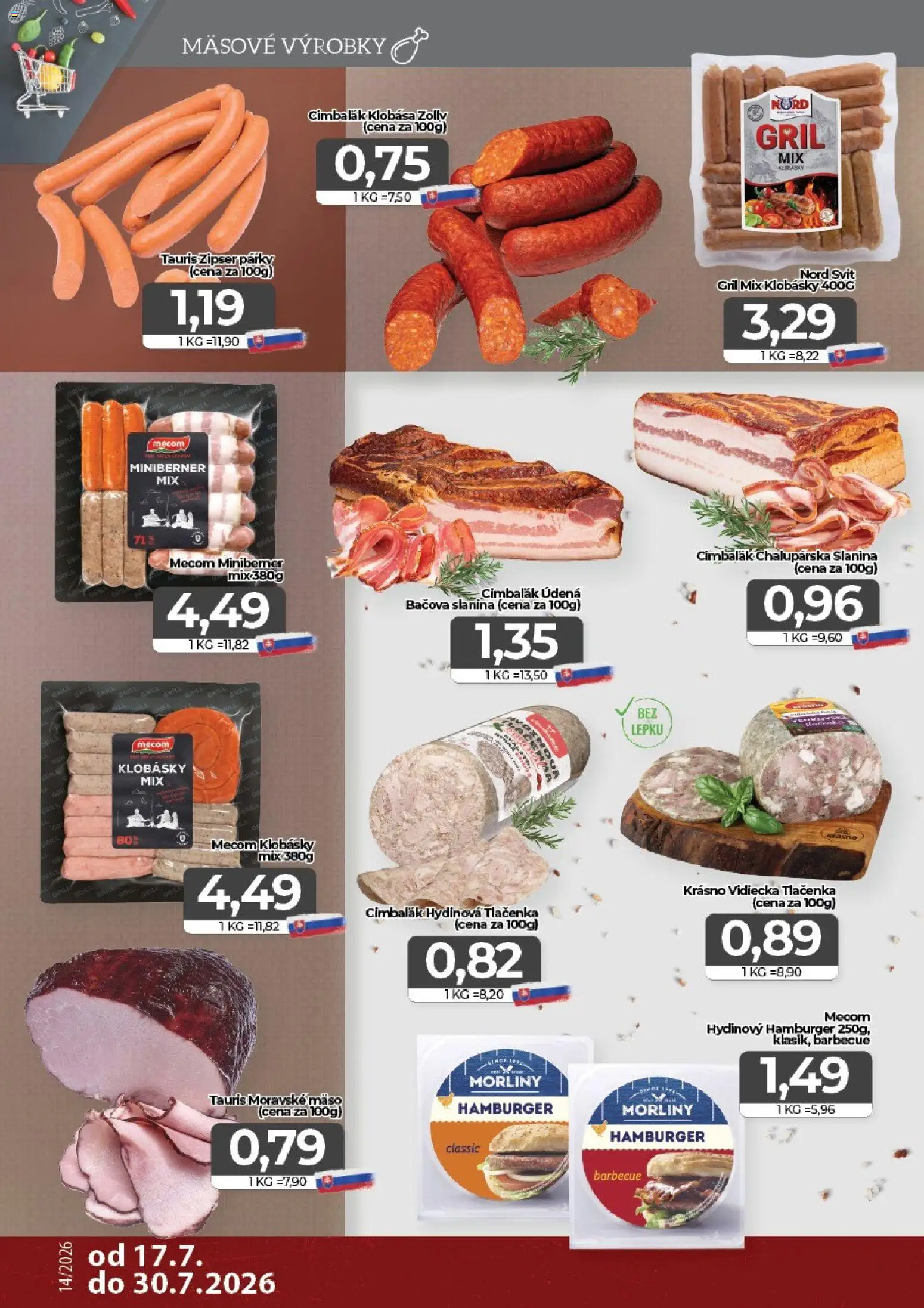Nové CBA Komfos akcie – leták je platný od 17.07.2026 | Strana: 2 | Produkty: Gril, Slanina, Klobása