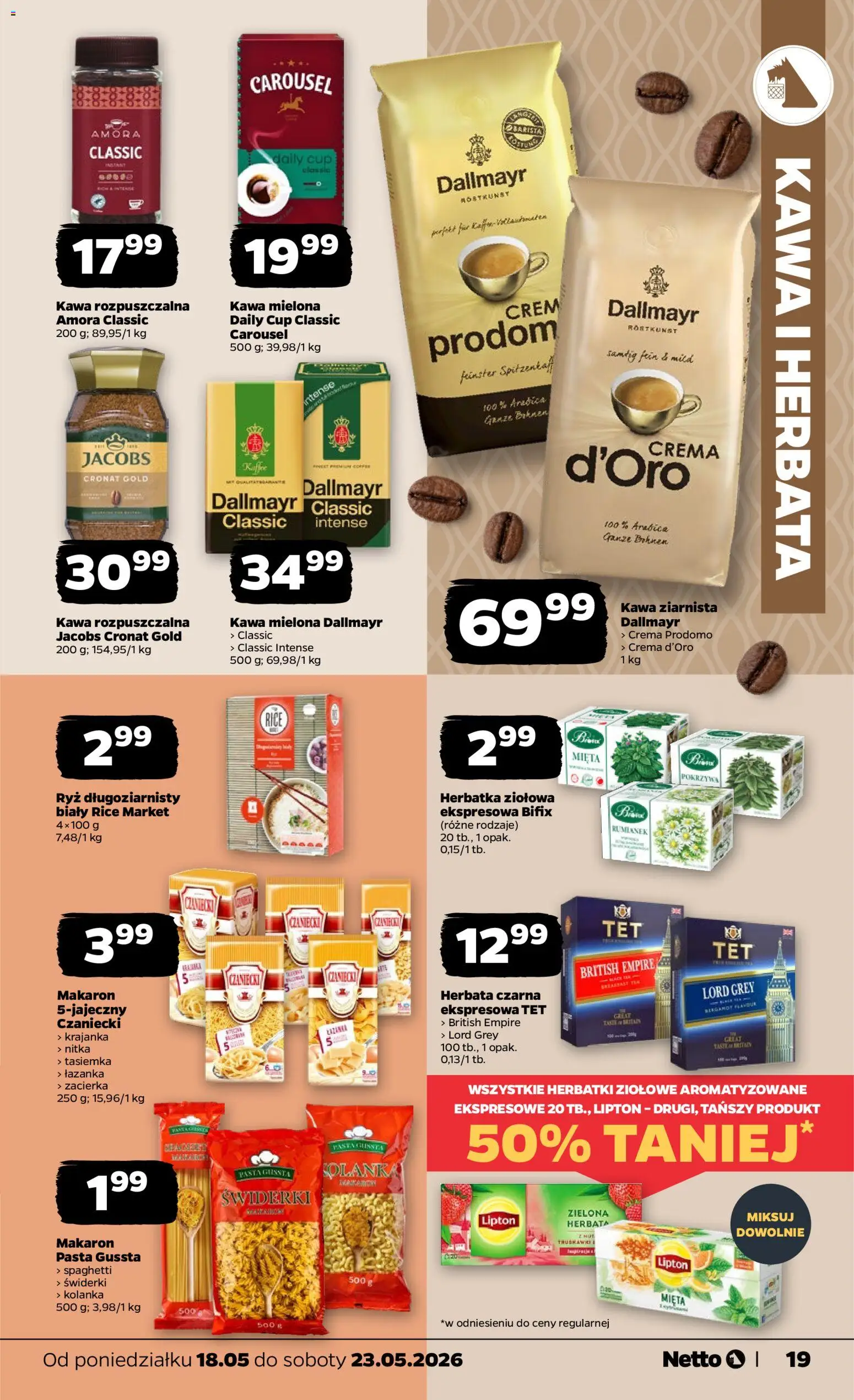 Netto gazetka od poniedziałku spożywcza od 18.05.2026 | Strona: 19 | Produkty: Kawa ziarnista, Kawa rozpuszczalna, Ryż, Makaron