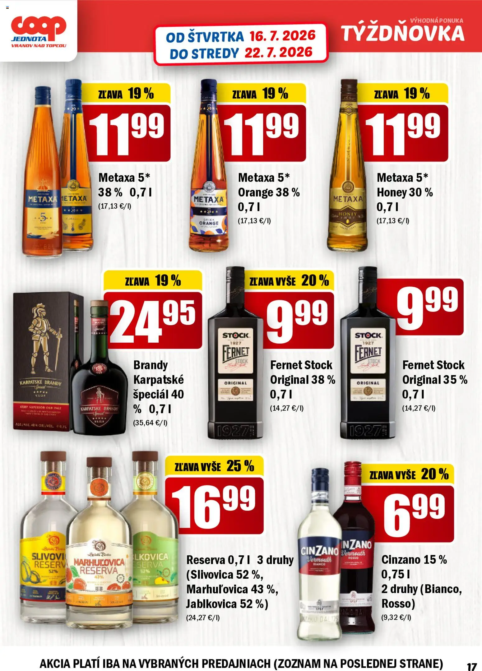 Nové COOP Jednota akcie – leták je platný od 16.07.2026 | Strana: 17 | Produkty: Slivovica, Brandy, Fernet, Fernet Stock
