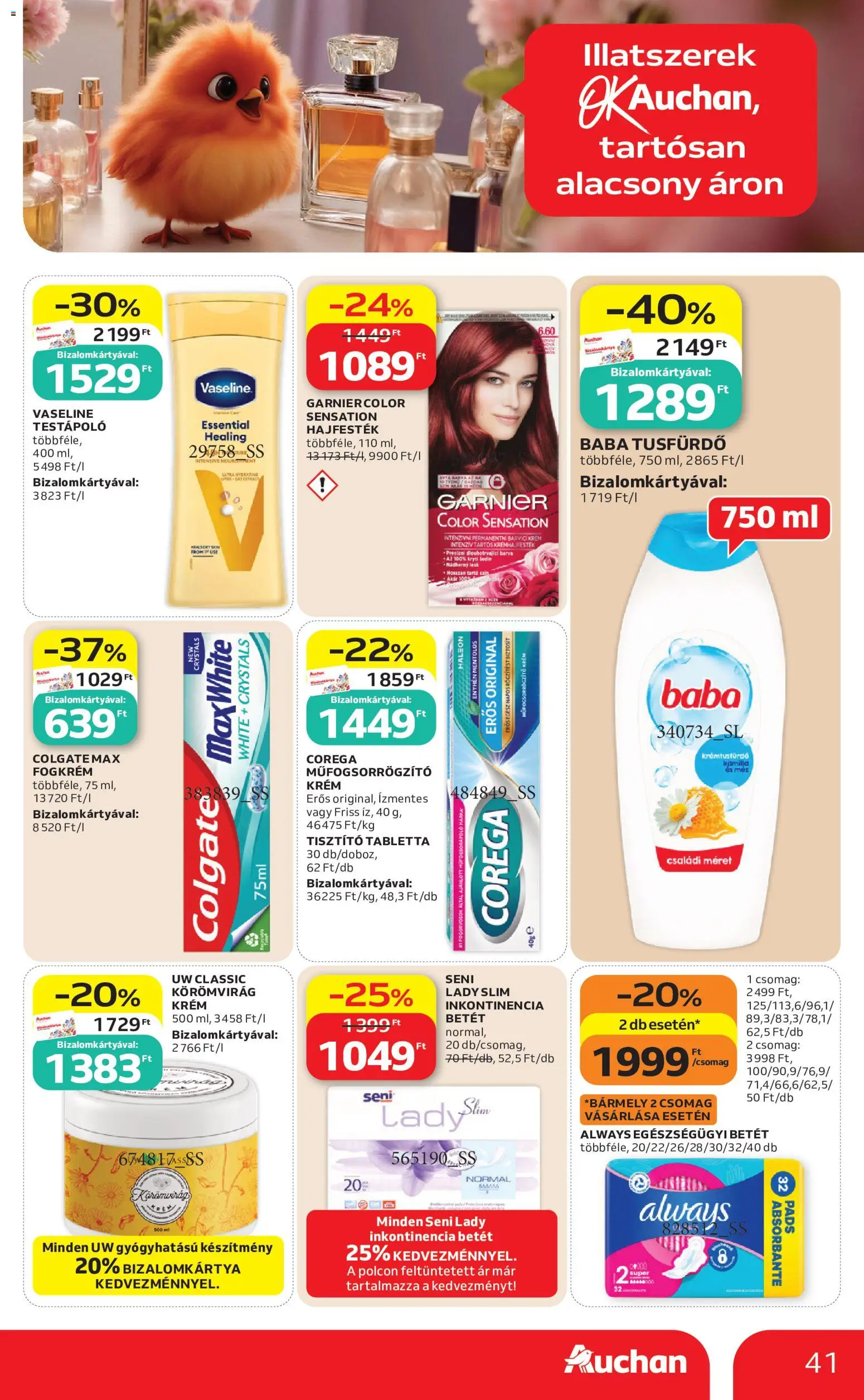 Auchan akciós ujság - amely érvényes a következő dátumtól: 21.05.2026 | Oldal: 41 | Termékek: Hajfesték, Testápoló, Tusfürdő, Fogkrém