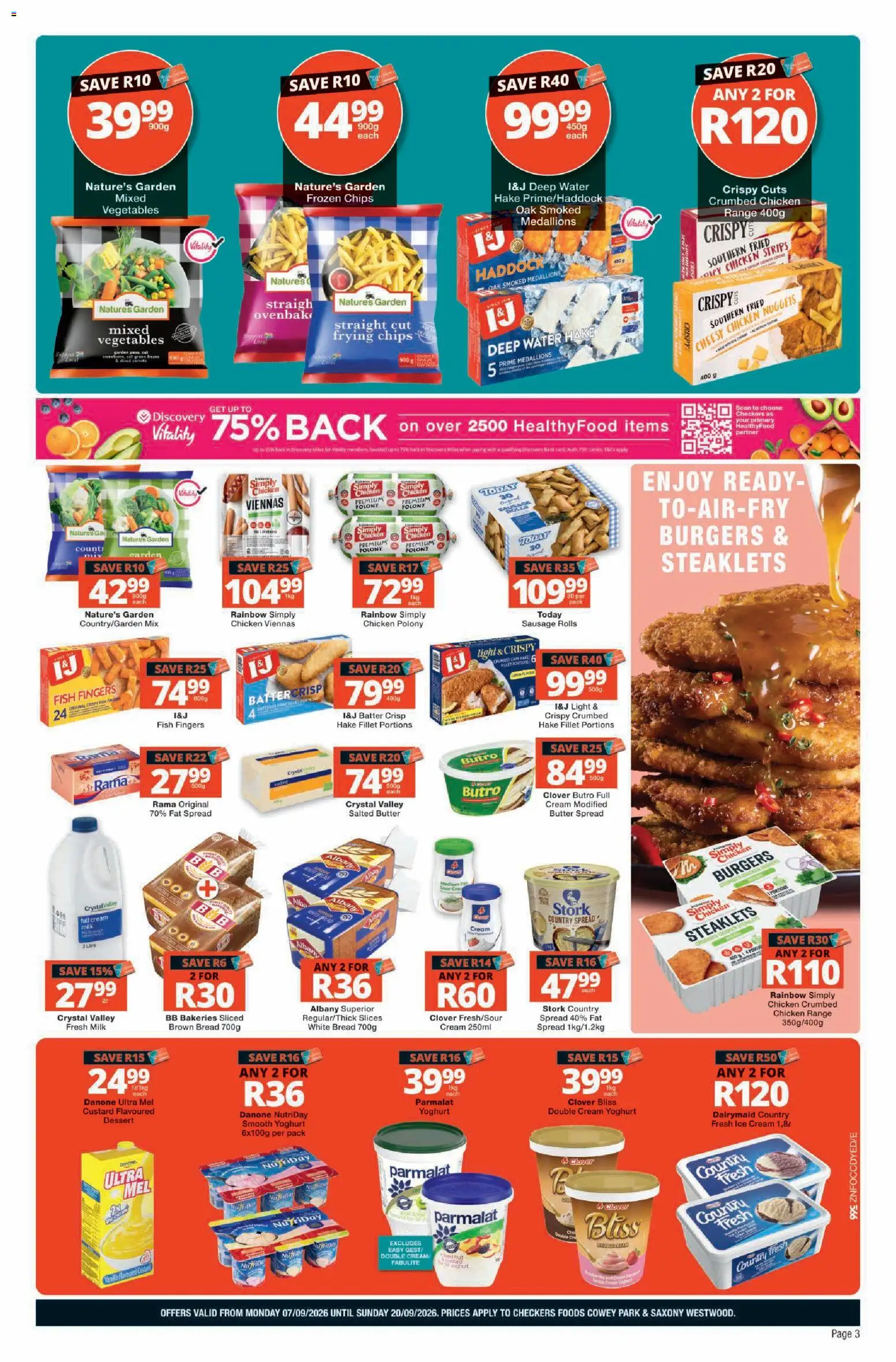 New Checkers catalogue – valid from 07/09/2026 | Page: 3 | Products: Spread, Burgers, Cream, Fat spread