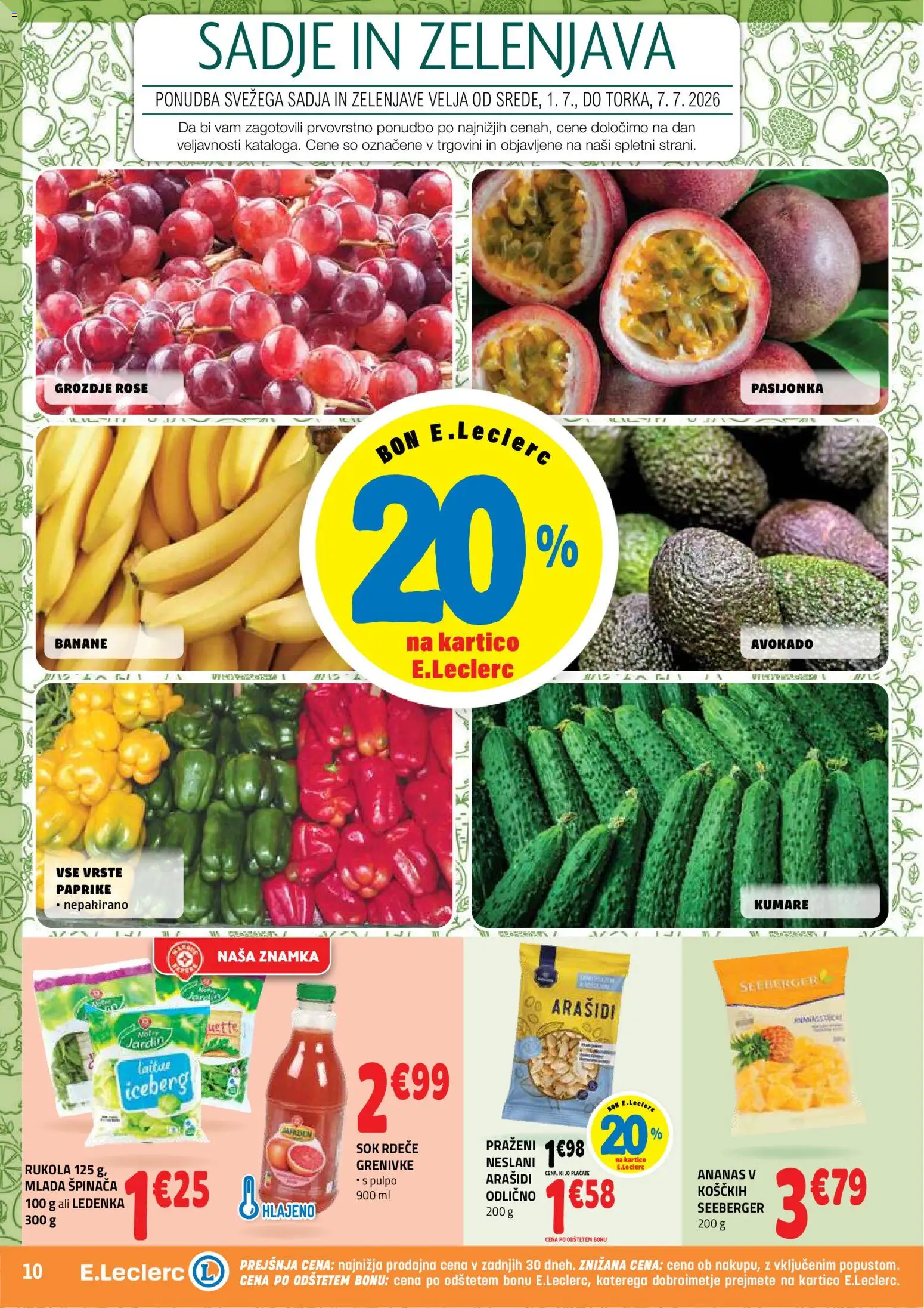 Novi E.leclerc katalog ponudbe – veljaven od 01.07.2026 | Stran: 10 | Izdelki: Grozdje, Sok, Banane, Sadje