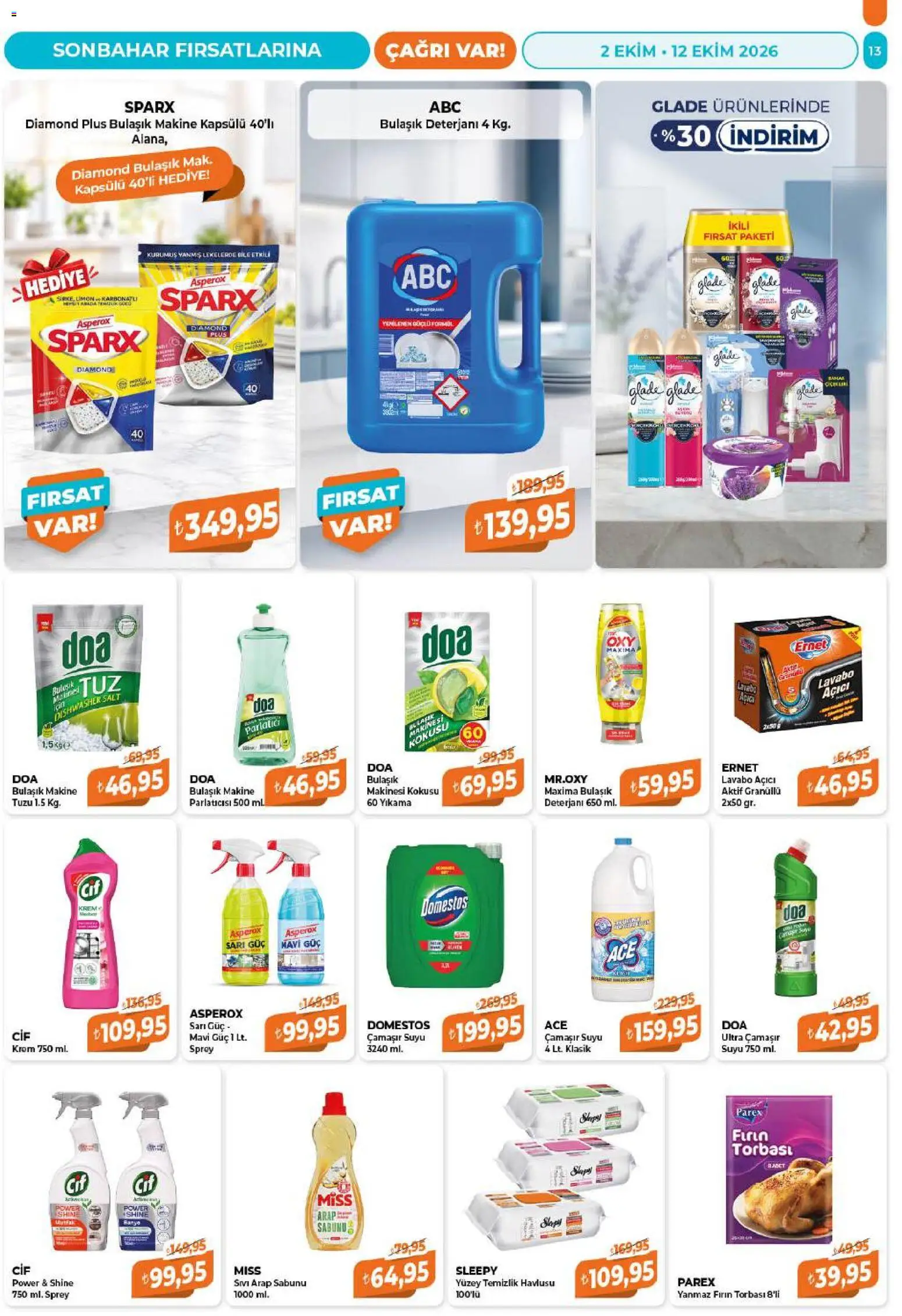 Çağrı Market - Güncel Katalog - 02 Ekim 2026 tarihinden itibaren geçerlidir | Sayfa: 13 | Ürünler: Krem, Bulaşık deterjanı, Parlatıcı, Lavabo açıcı