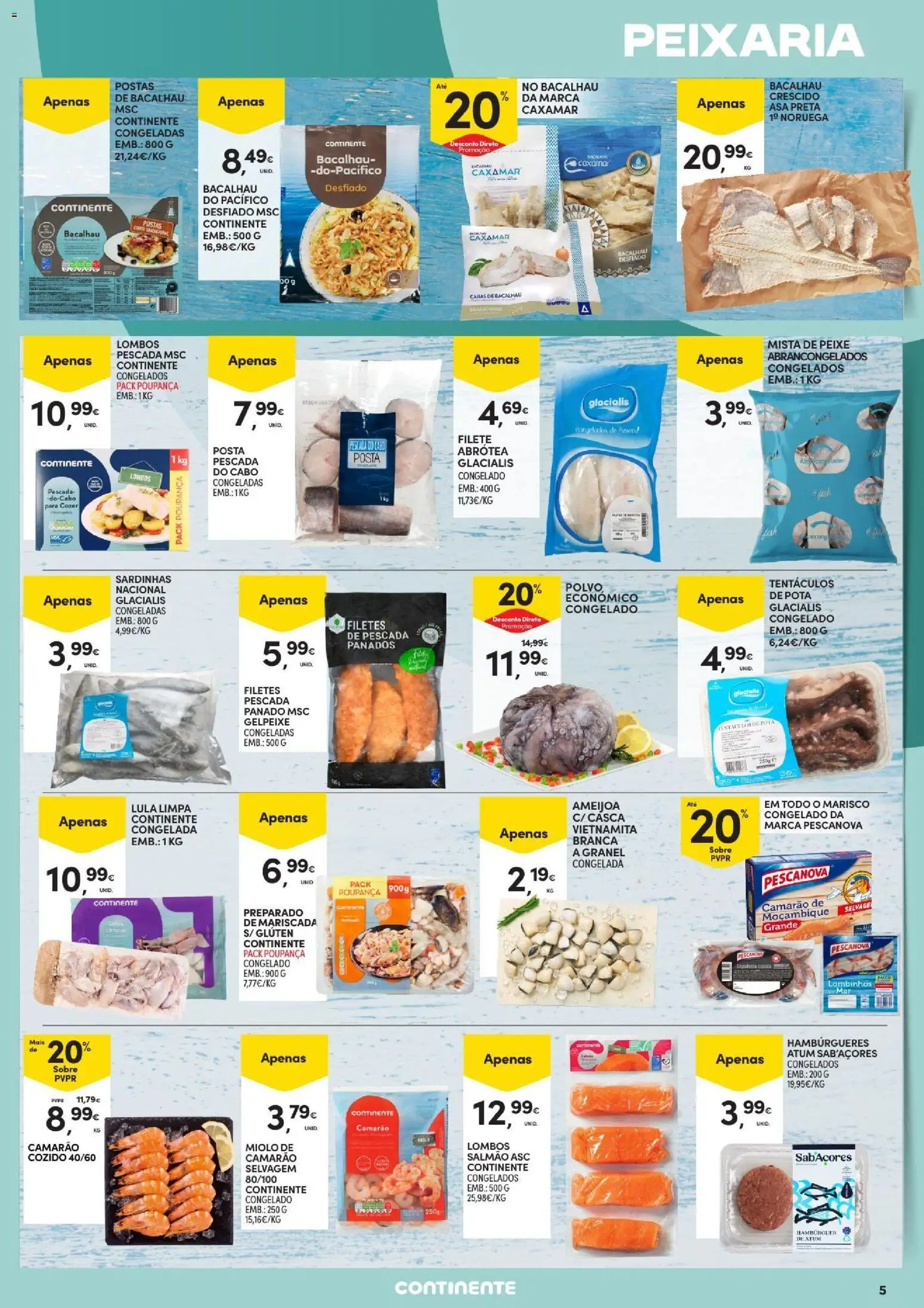 Continente folheto Açores │ válido de 29/10/2026 | Página: 5 | Produtos: Atum, Hambúrguer, Camarão, Salmão