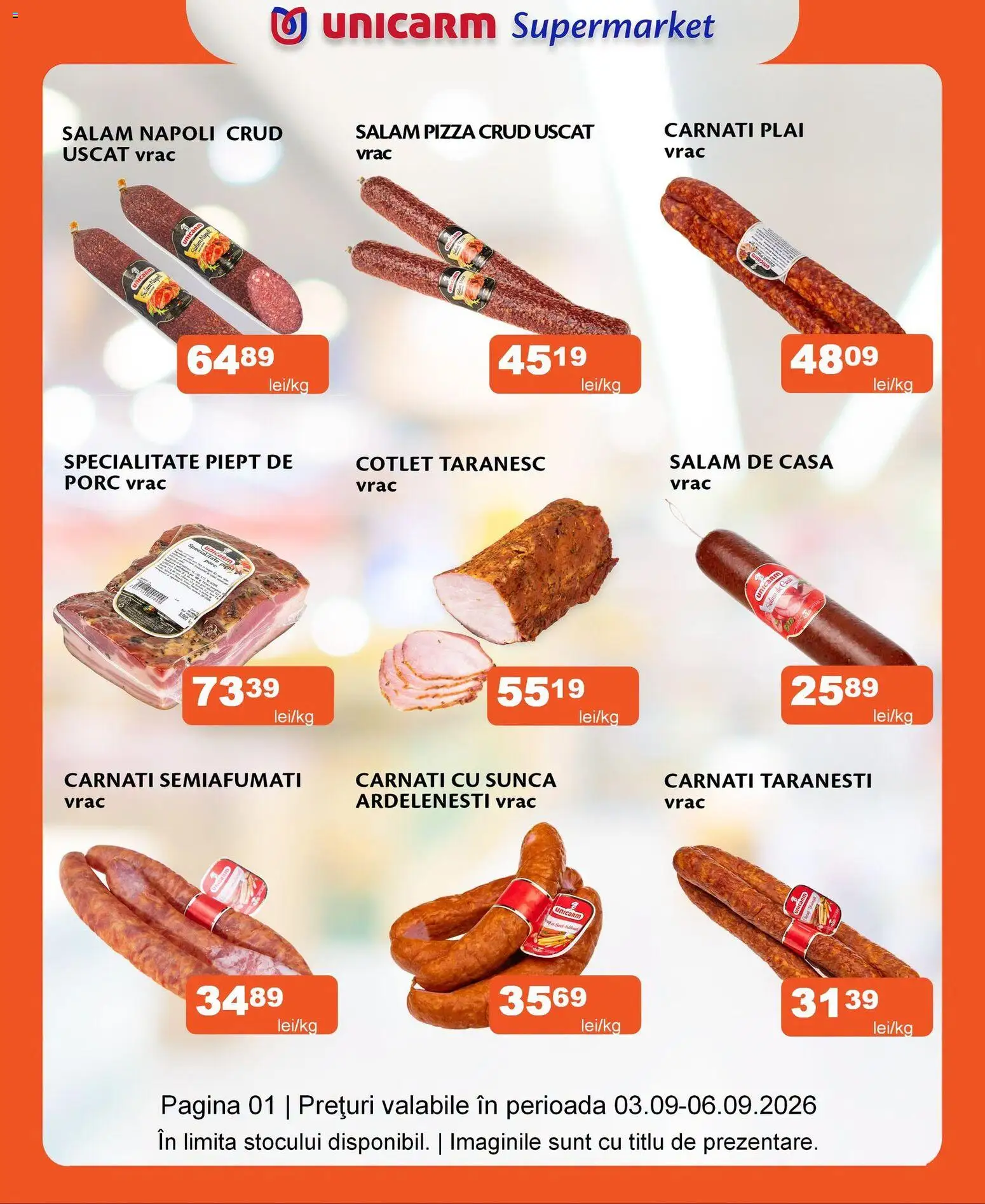 Noul catalog Unicarm – valabil de la 03.09.2026 | Pagină: 1 | Produse: Cotlet, Șuncă, Pizza, Cârnați