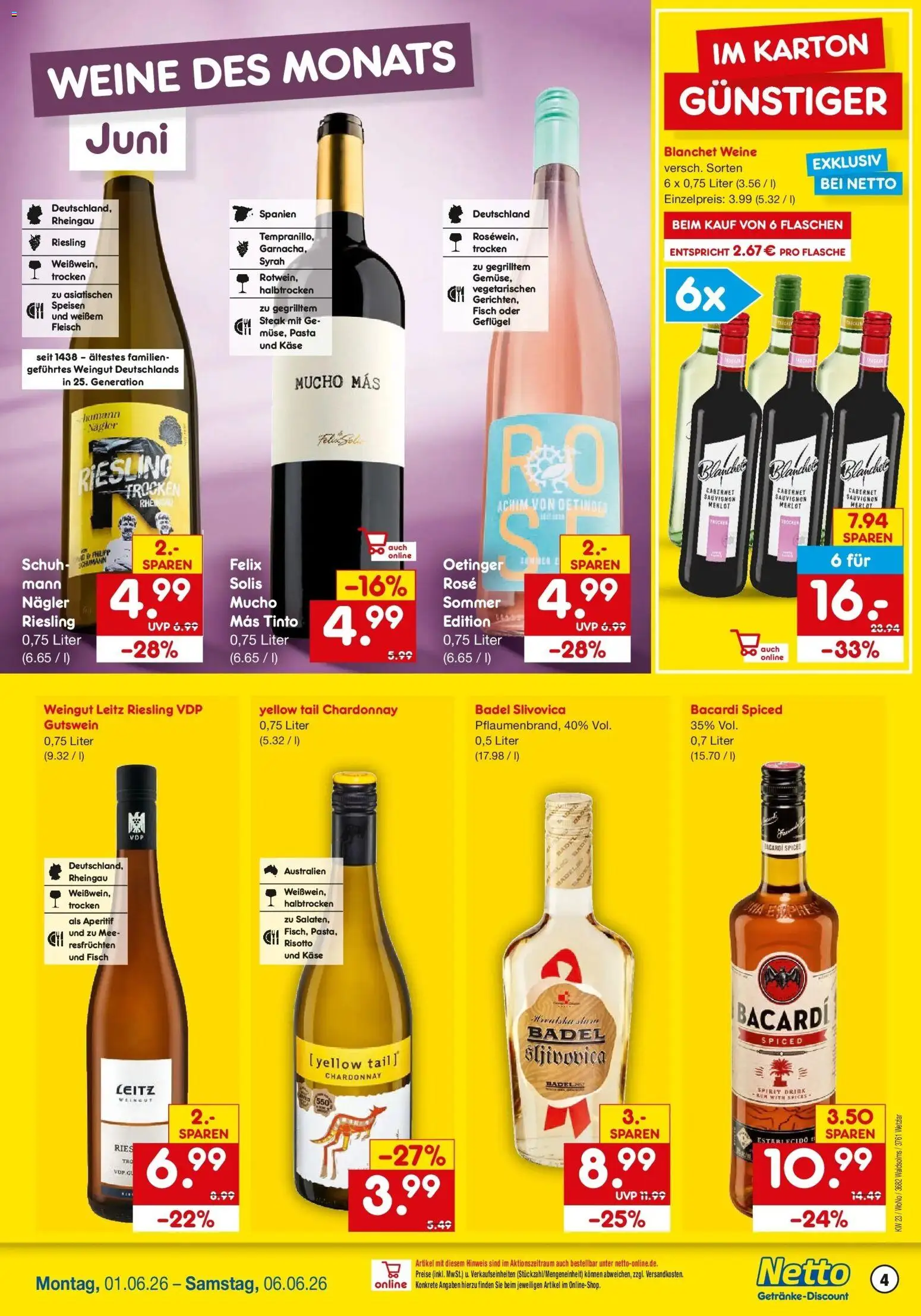 Netto Marken-Discount Prospekt Wetzlar-Naunheim – gültig ab 01.06.2026 | Seite: 4 | Produkte: Bacardi, Fisch, Steak, Fleisch
