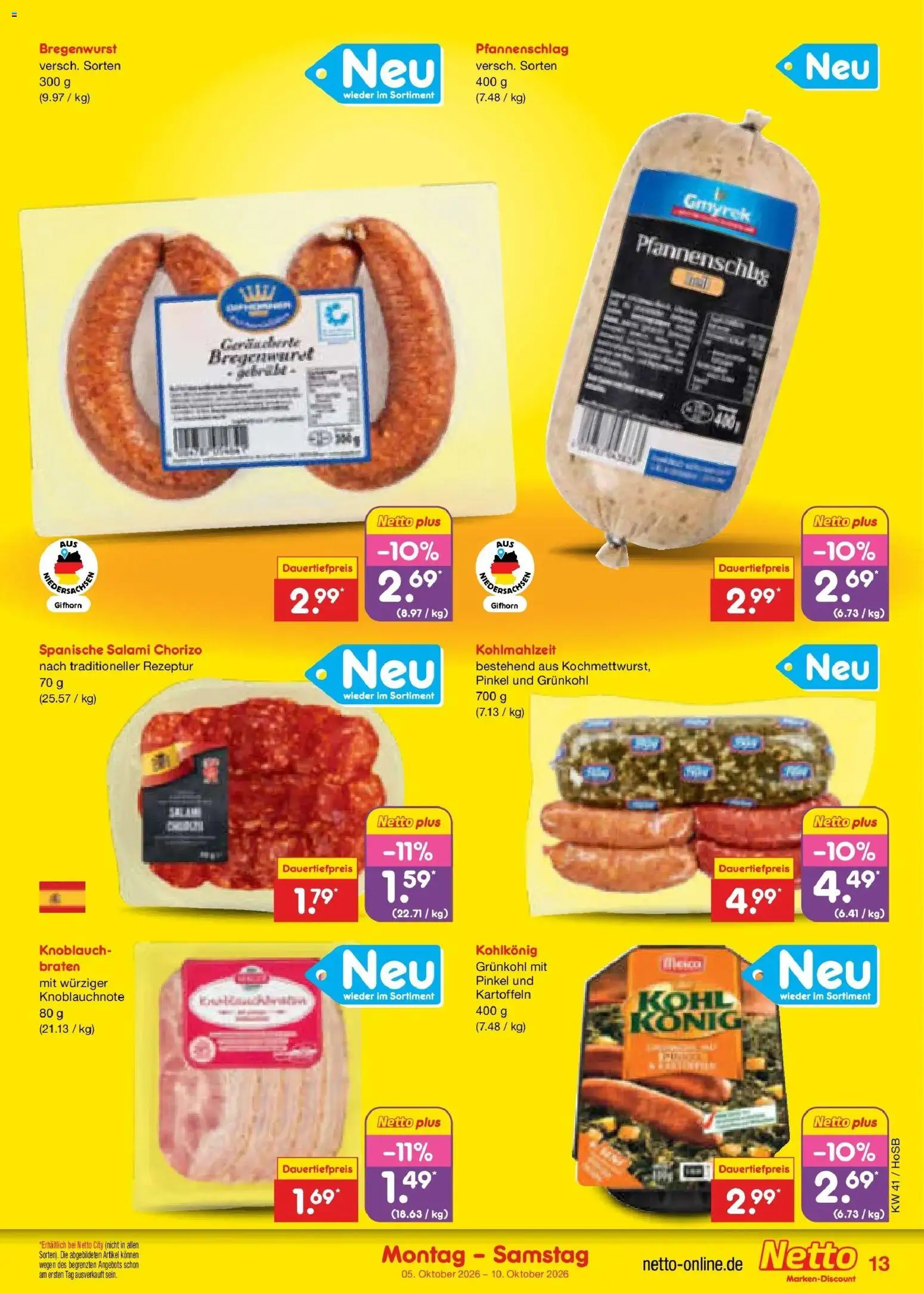 Netto Marken-Discount Prospekt Hannover – gültig ab 05.10.2026 | Seite: 13 | Produkte: Kartoffeln, Knoblauch, Salami