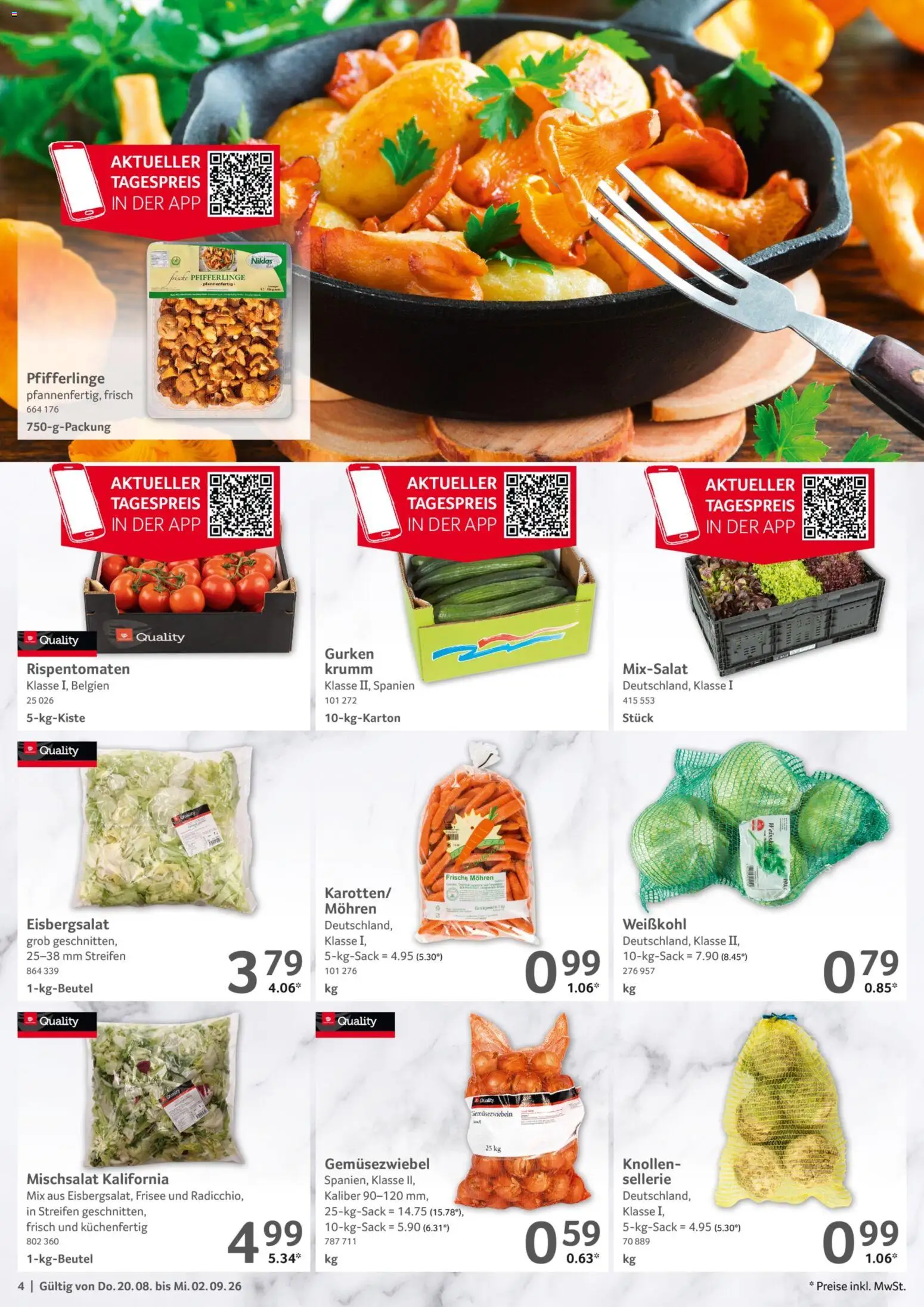 Selgros Gastronomie – gültig ab 20.08.2026 | Seite: 4 | Produkte: Eisbergsalat, Mohren, Pfifferlinge, Gurken