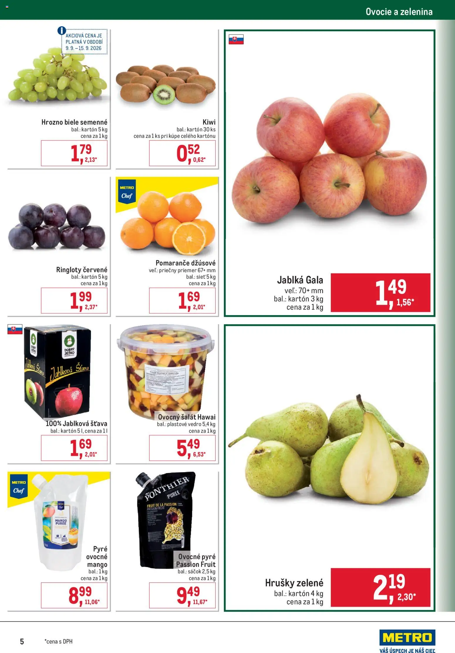 Nové Metro akcie – leták je platný od 09.09.2026 | Strana: 5 | Produkty: Kiwi, Hrušky, Šťava, Ovocie