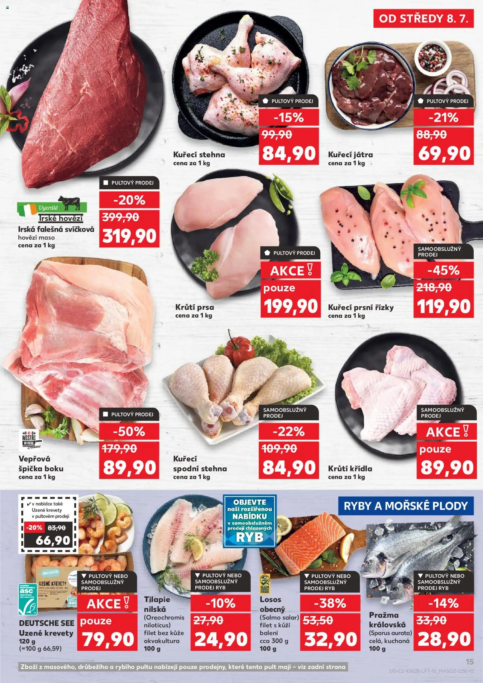 Kaufland leták od 08.07.2026 | Strana: 15 | Produkty: Losos, Kuřecí prsní řízky, Maso, Krevety